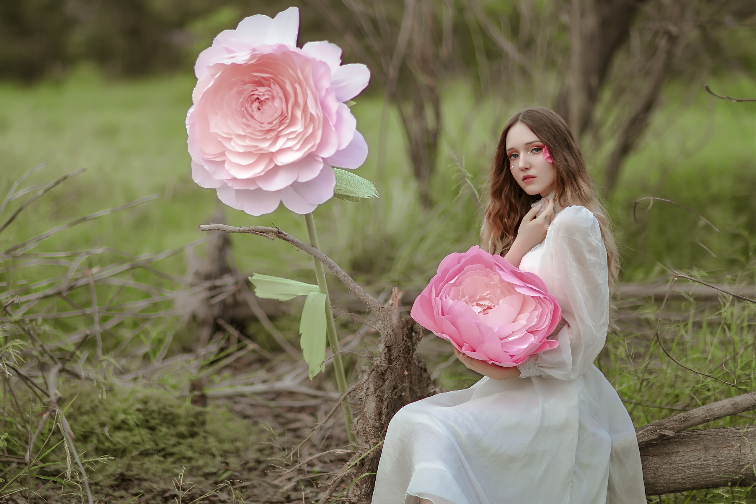 flowers, hair, flowering plant, flower, three quarter length, land, portrait, women outdoors, standing, rose, nature, one person, rose - flower, young adult, HD Wallpaper