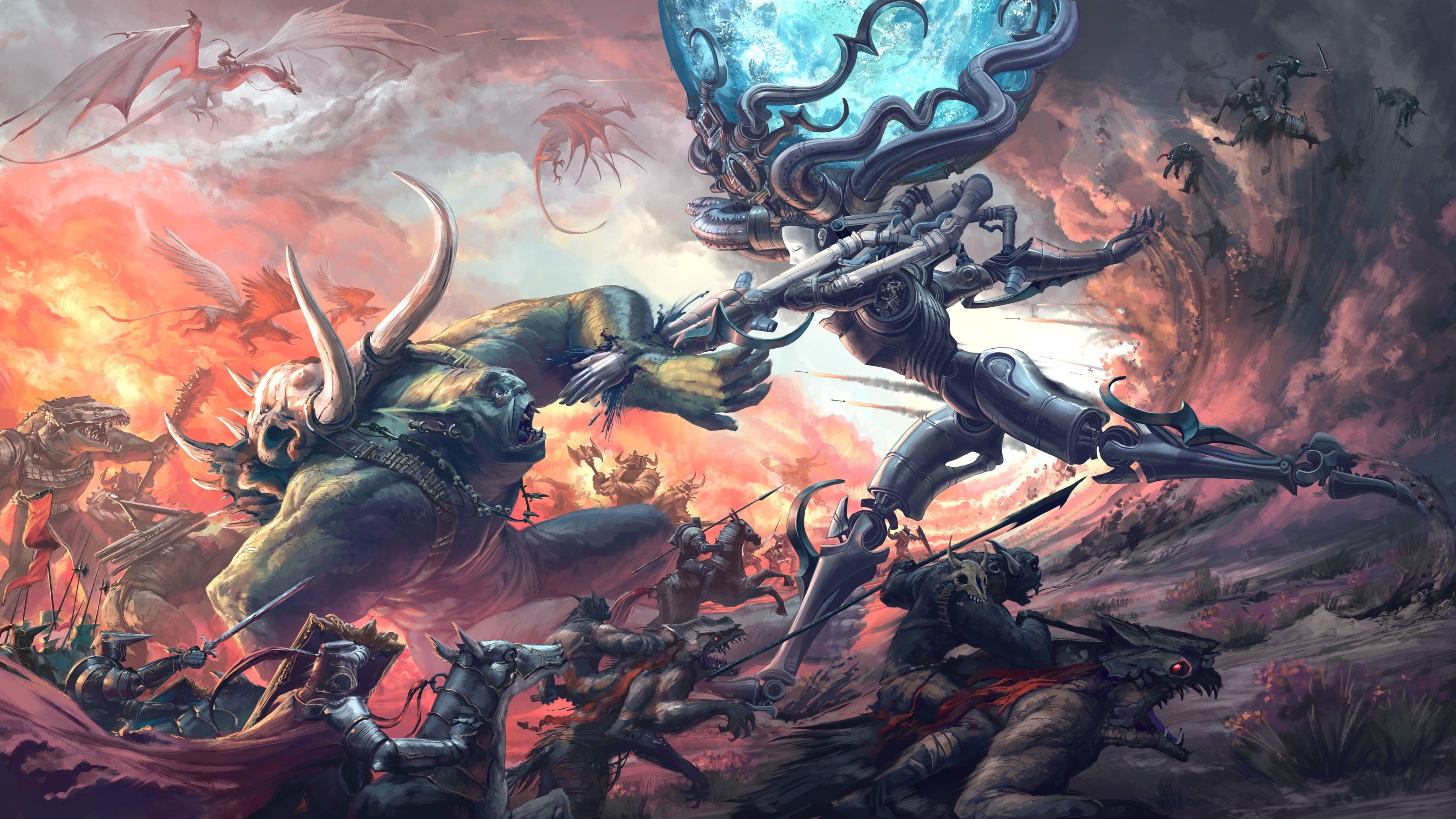 battle, monster, 2K, Thomas Chamberlain - Keen, dragons, monsters, knights, HD Wallpaper