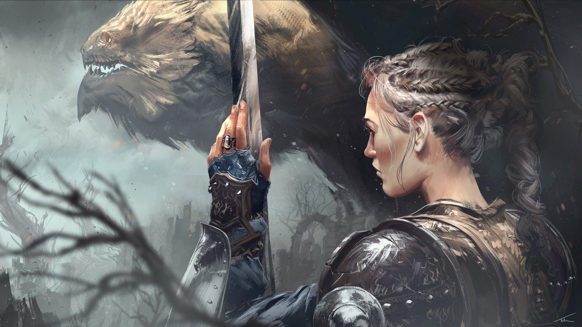 1080P, animals, armor, warrior, Thomas Chamberlain, sword, fantasy Art, Keen, HD Wallpaper