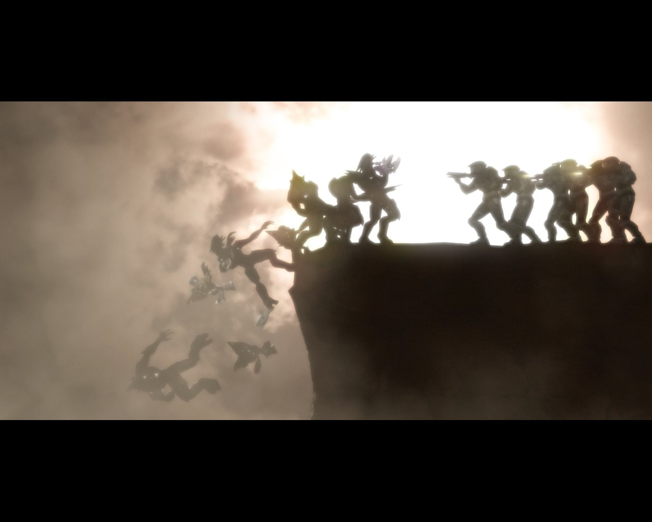 300 (Movie), screenshot, Halo, Elites, 720P, silhouette, standing, people, Grunts, Cliff, Spartan, HD Wallpaper