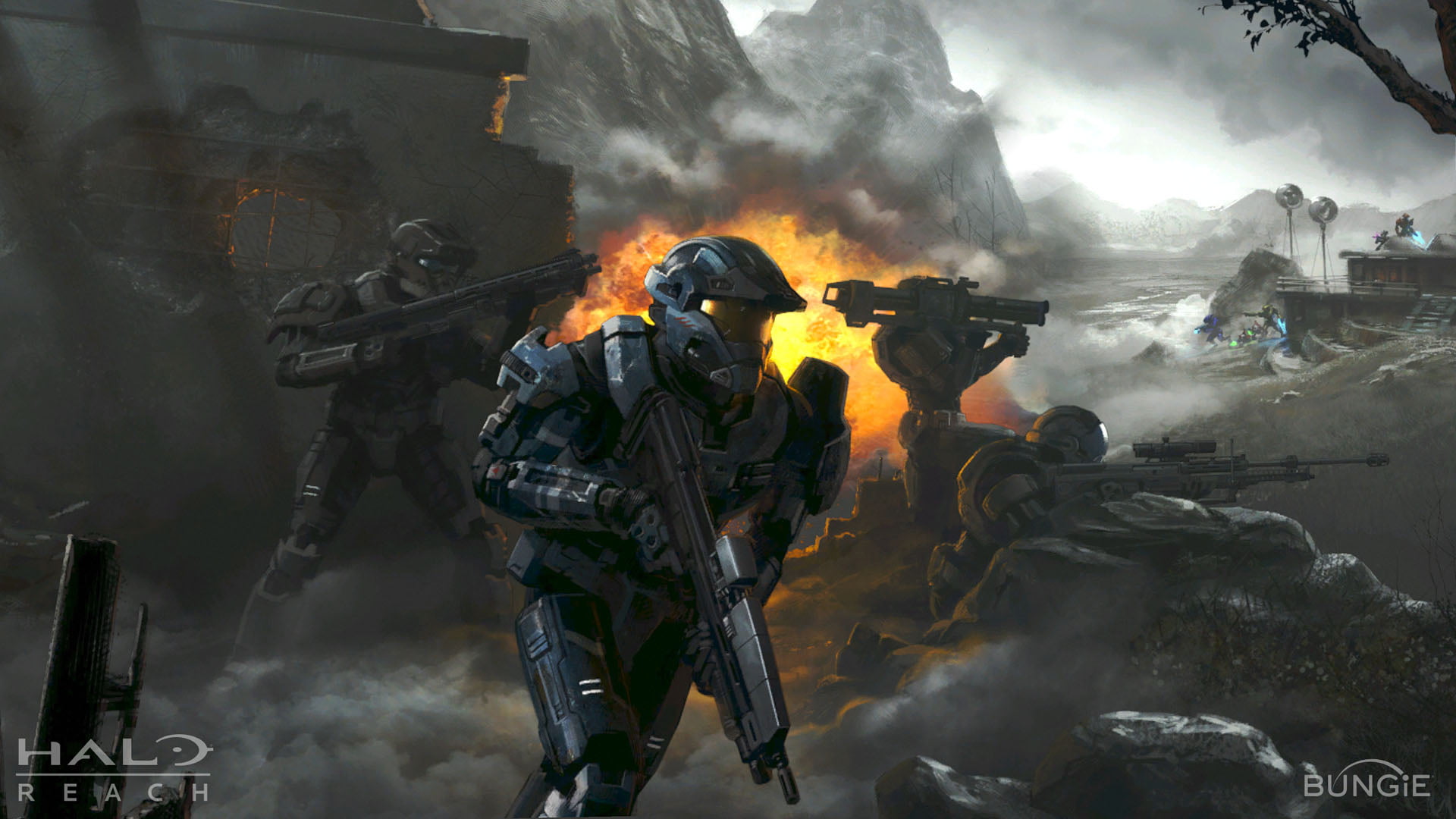 futuristic armor, 1080P, battle, shotgun, Halo, explosion, Halo Reach, war, assault rifle, video games, rocket launchers, video game art, sniper rifle, HD Wallpaper