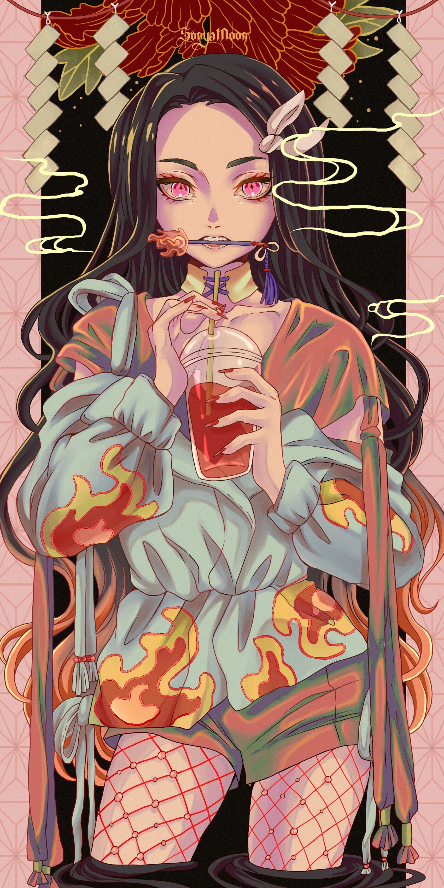 2K, portrait, illustration, Kamado Nezuko, ArtStation, anime girls, digital art, Kimetsu no Yaiba, Sonya Moon, Phone HD Wallpaper