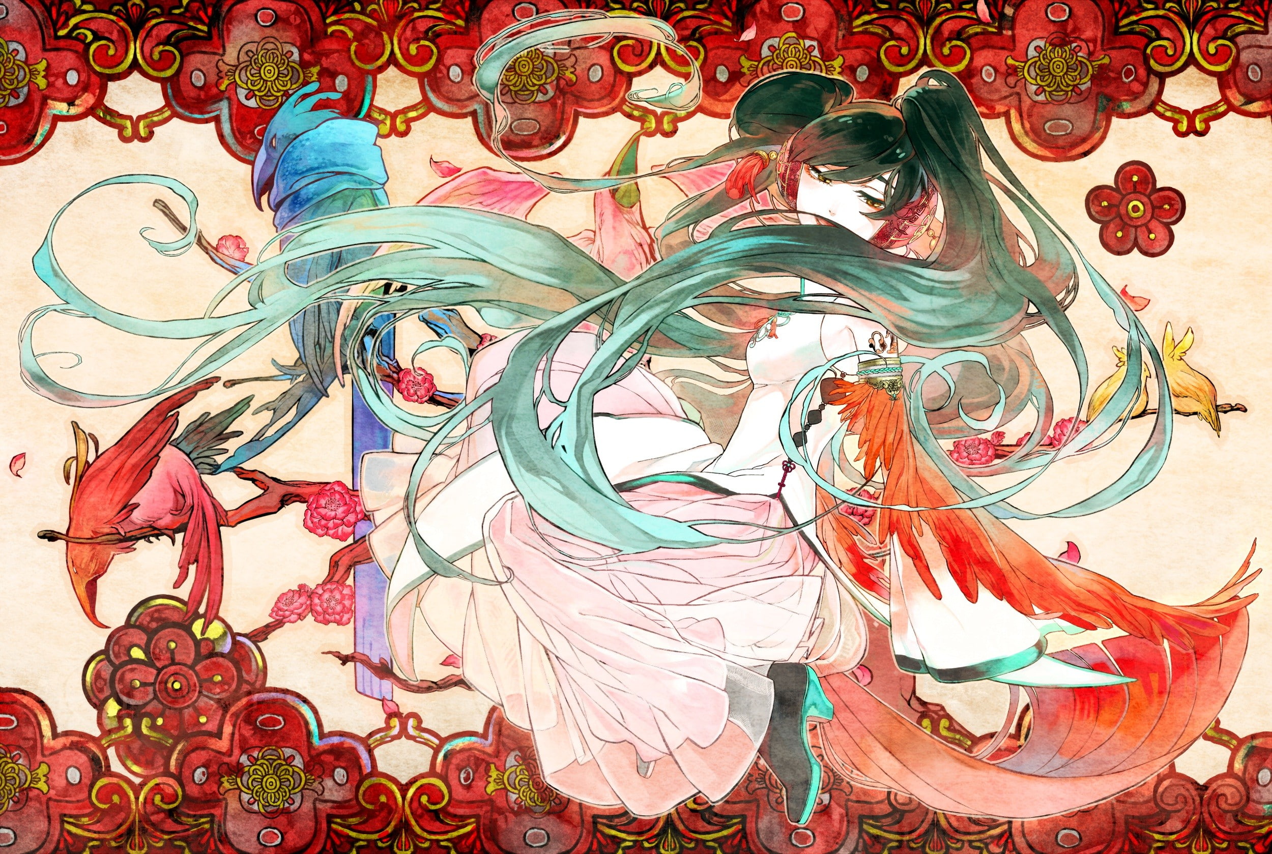 people, creativity, floral pattern, 1080P, representation, multi colored, paintings, human representation, Chinese clothing, indoors, Chinese dress, close-up, HD Wallpaper