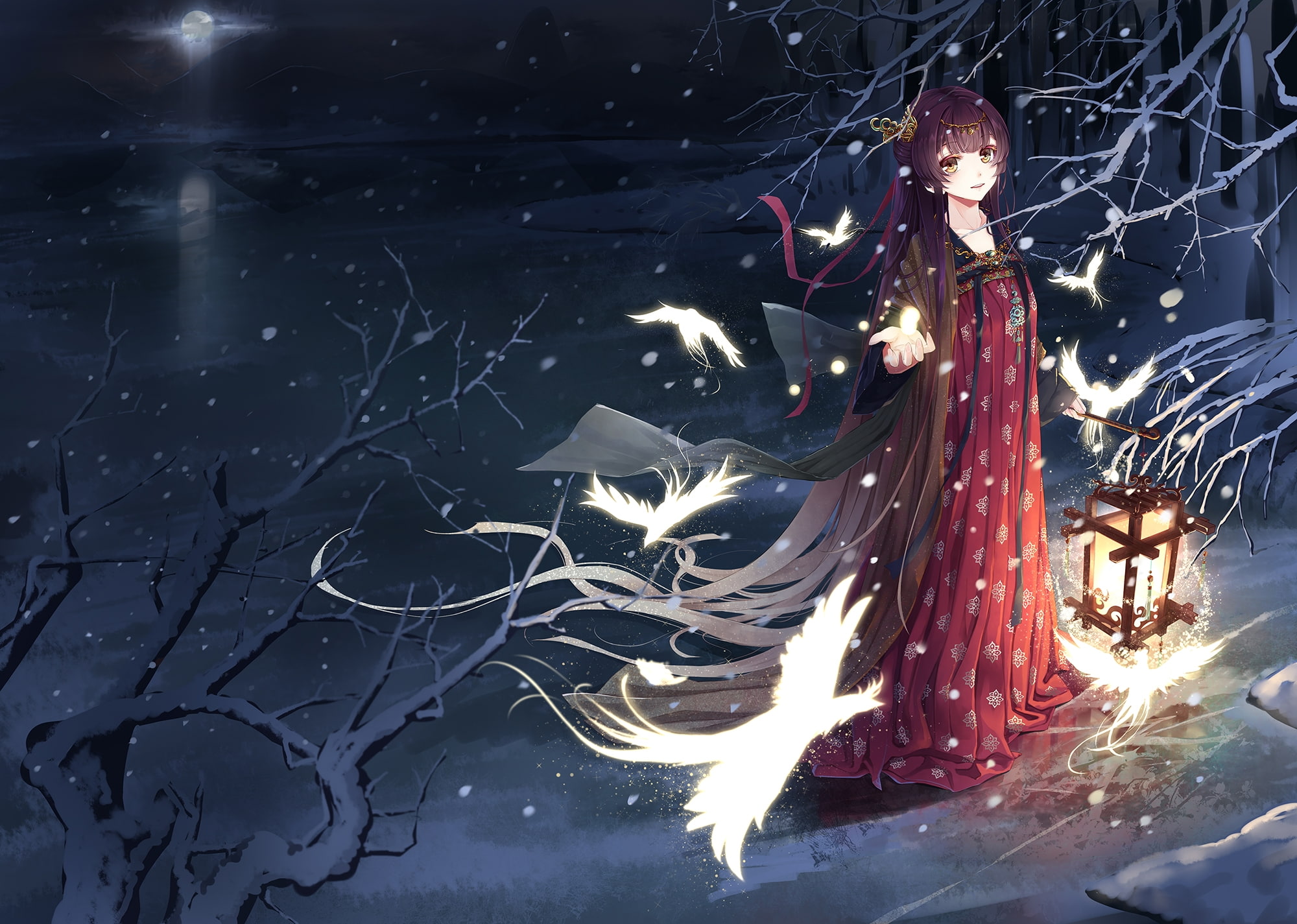 birds, creativity, art and craft, young adult, leisure activity, nature, moonlight, chinese traditional clothes, real people, 1080P, arts culture and entertainment, HD Wallpaper