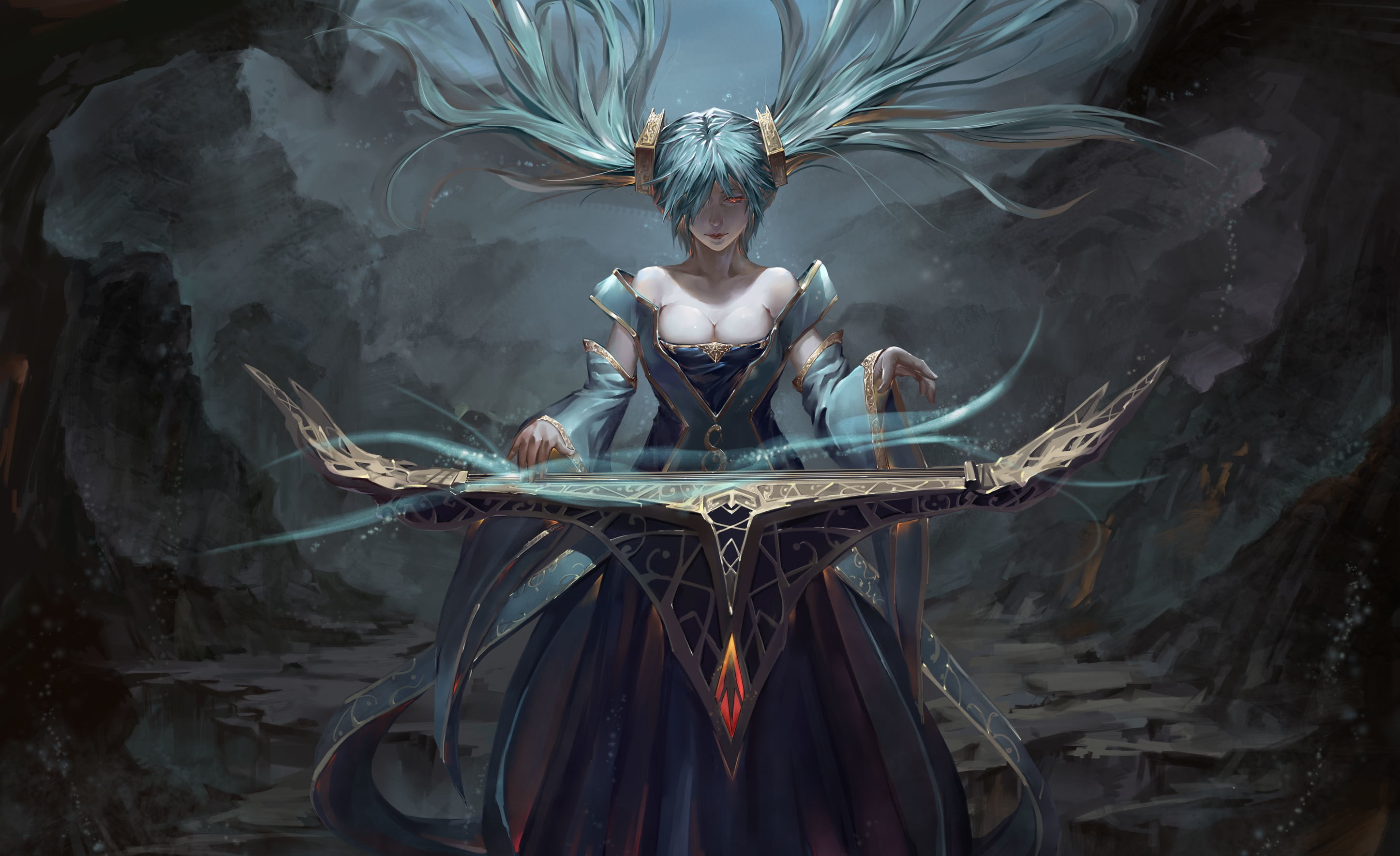 League of Legends, anime, piano, fantasy art, musical instrument, etwahl, 2K, blue hair, cave, Sona (League of Legends), HD Wallpaper