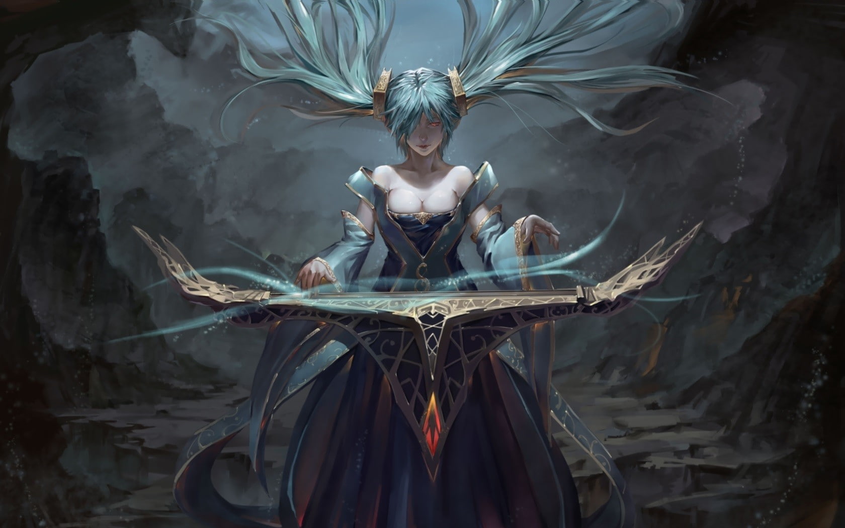 fantasy art, Sona (League of Legends), anime, musical instrument, 720P, piano, League of Legends, etwahl, cave, blue hair, HD Wallpaper