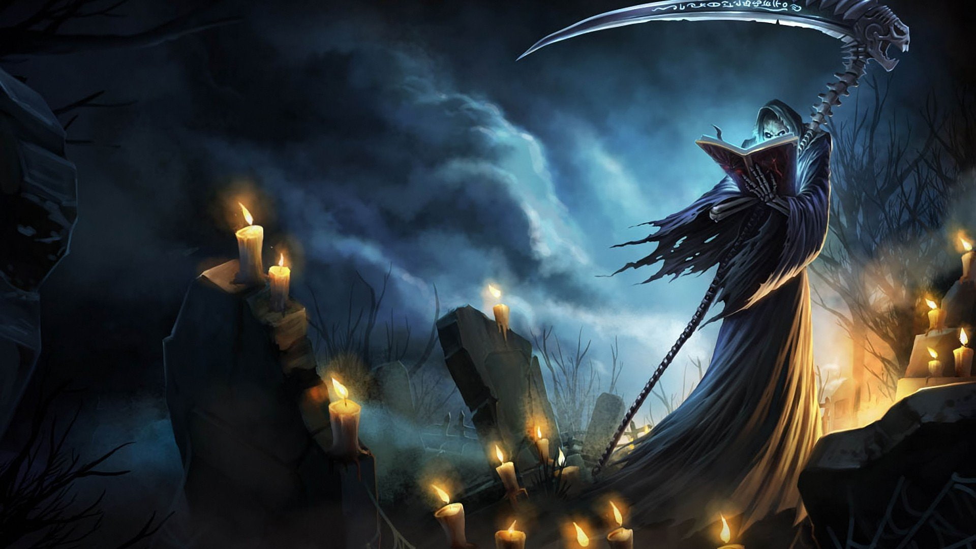 candles, fantasy, nighttime, scythe, legends, 1080P, Karthus, of, death, league, cemetery, Graves, HD Wallpaper