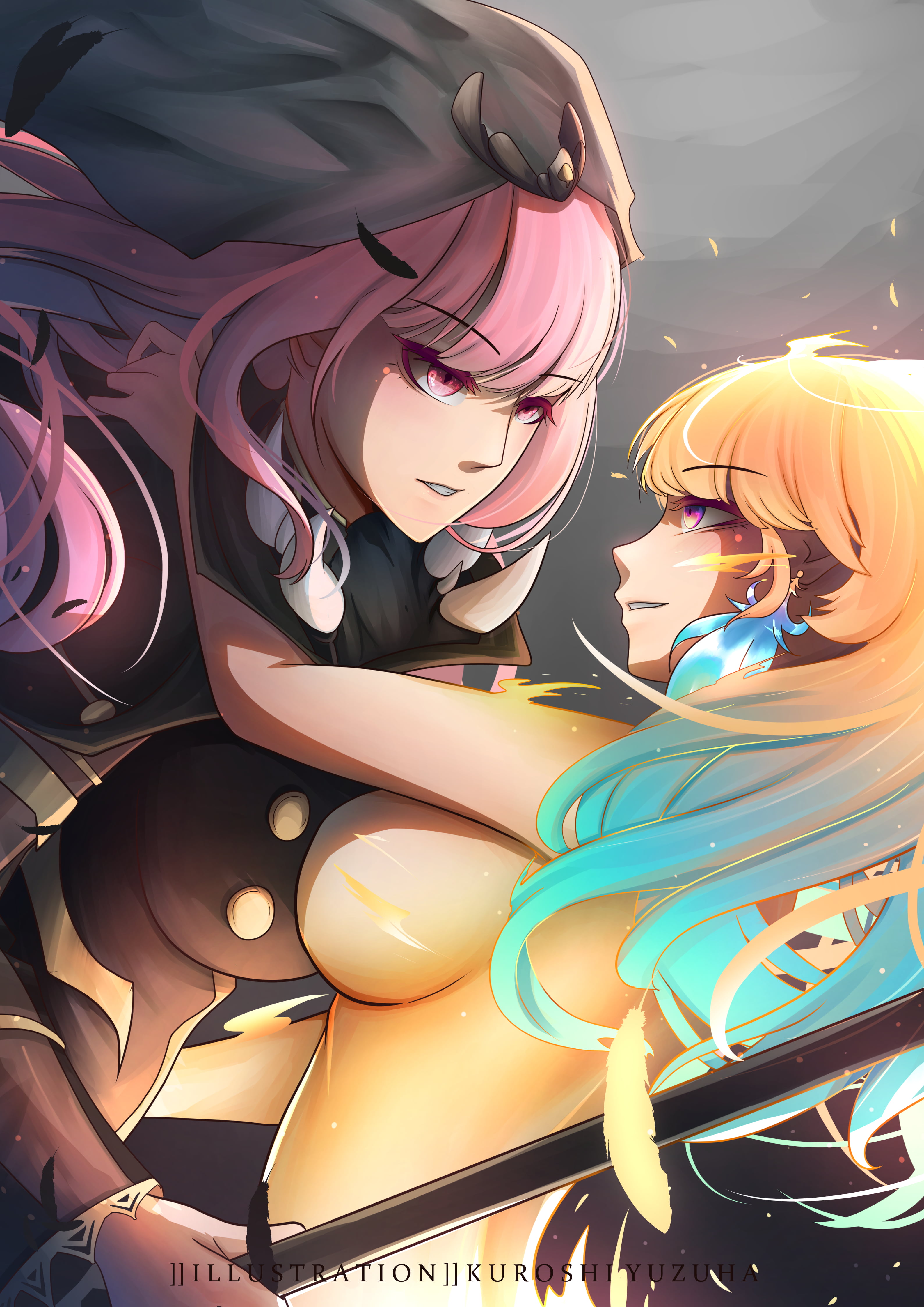 Hololive, 4K, Mori Calliope, pink hair, Kuroshi Yuzuha, blonde, Takanashi Kiara, anime girls, Phone HD Wallpaper