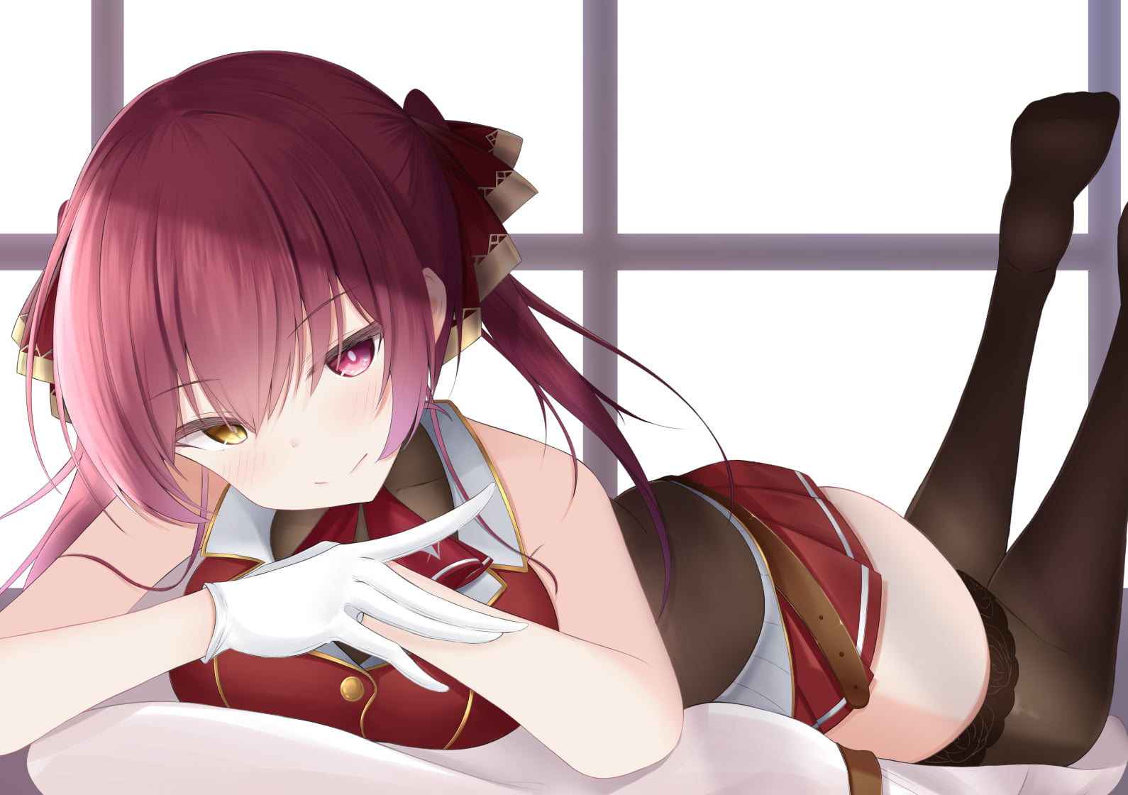 garter belt, gloves, twintails, pantyhose, long hair, school uniform, blush, 720P, skirt, Houshou Marine, purple hair, HD Wallpaper