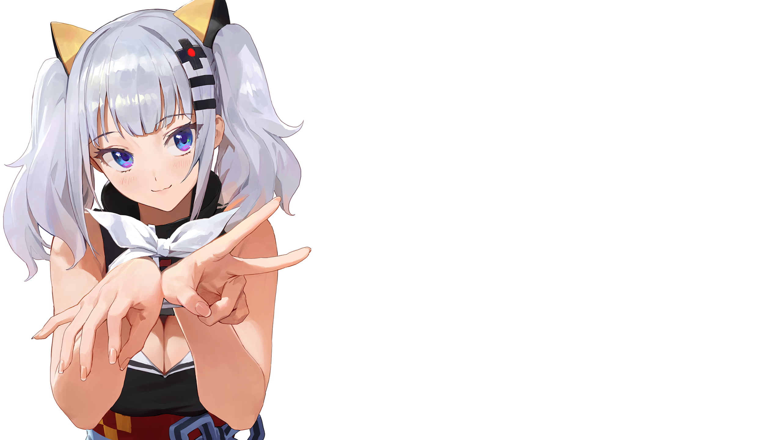 2K, peace sign, blue eyes, white background, hair ornament, silver hair, Kaguya Luna, Virtual Youtuber, HD Wallpaper