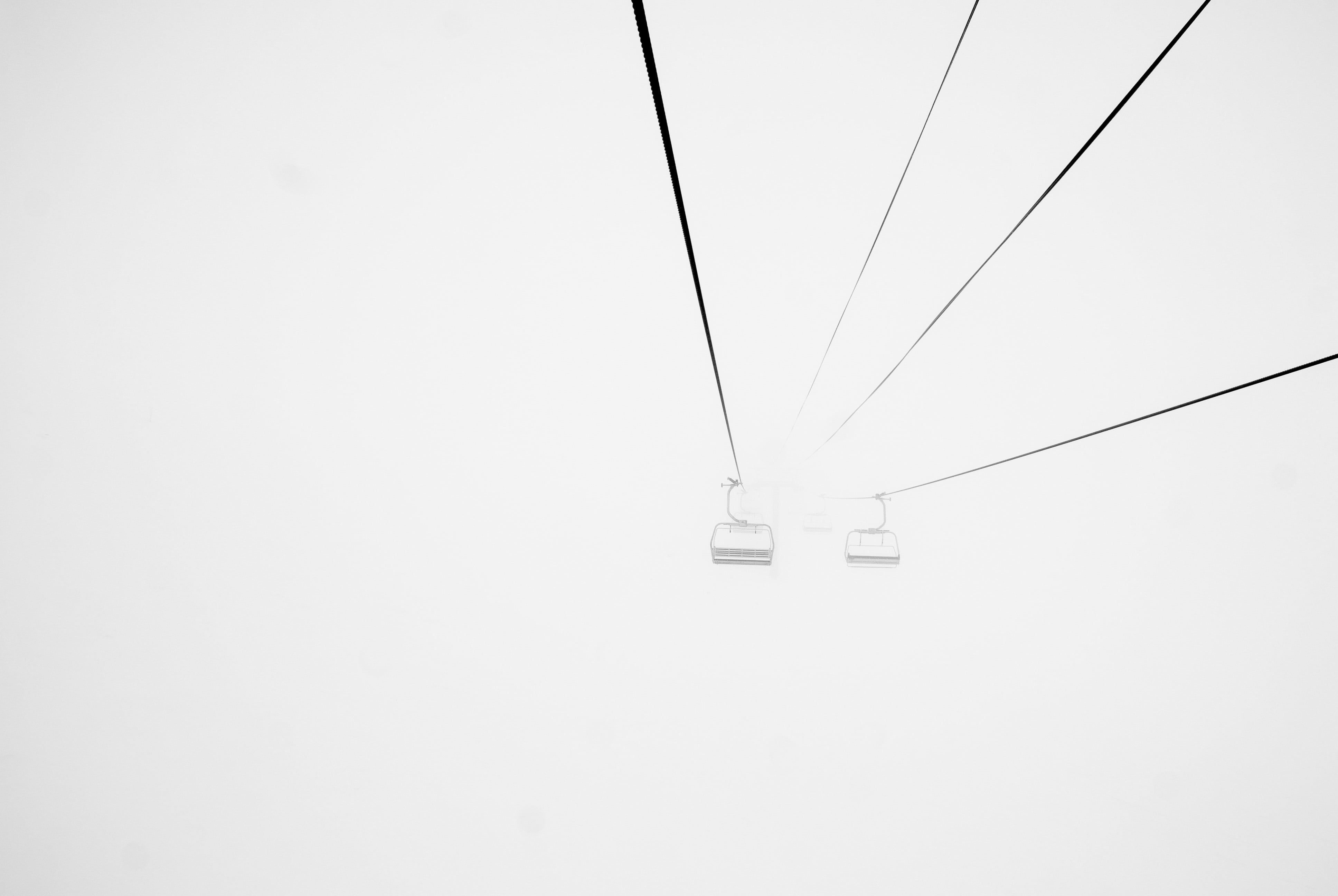 mode of transportation, cables, fog, winter, foggy, no people, lift, snow, day, transportation, sky, gondola, grey, 4K, travel, power supply, connection, HD Wallpaper