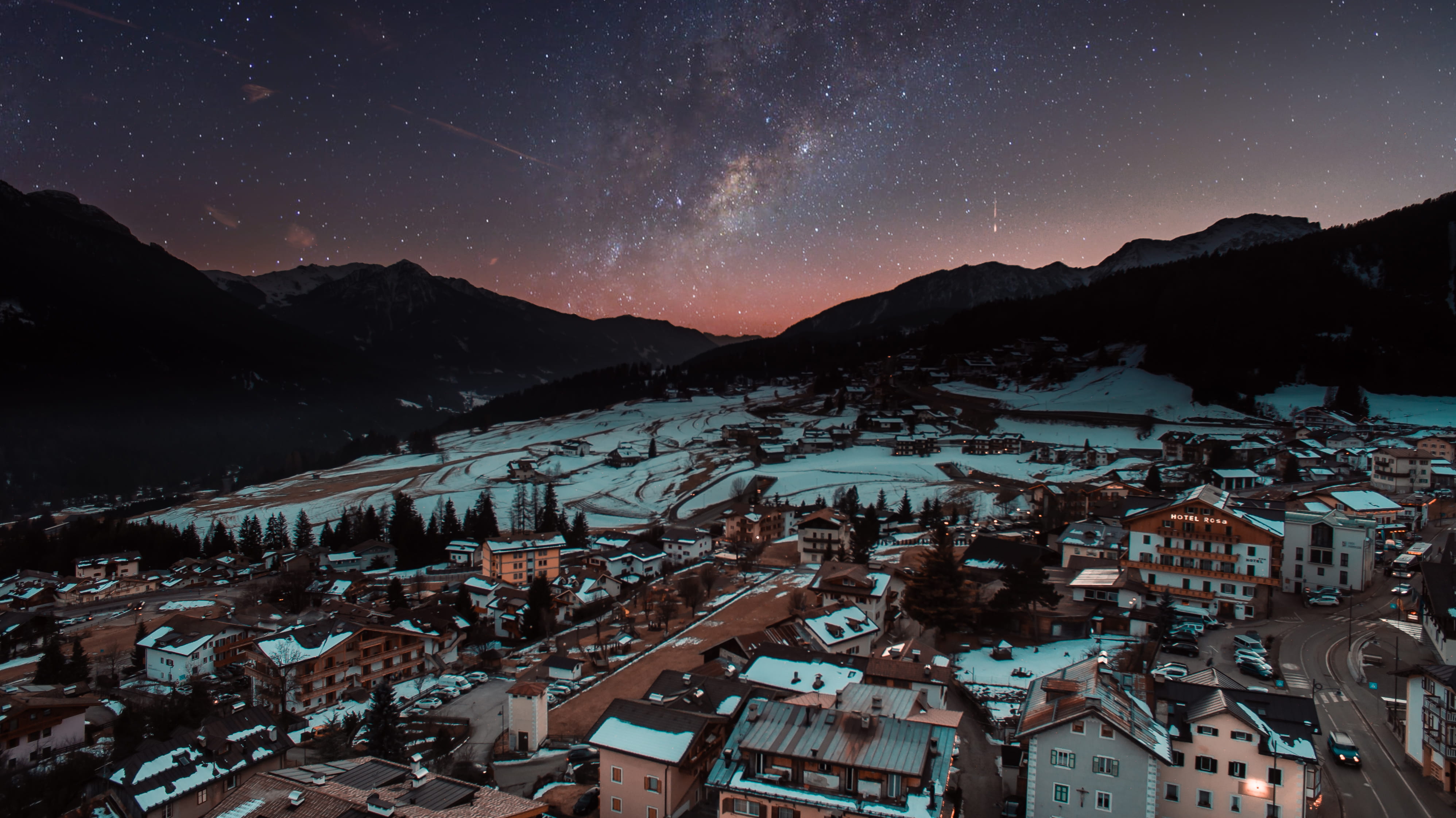 outdoors, sunset, village, cold temperature, townscape, snowcapped mountain, view, night sky, beauty in nature, astronomy, mountain peak, above, landscape, HD Wallpaper