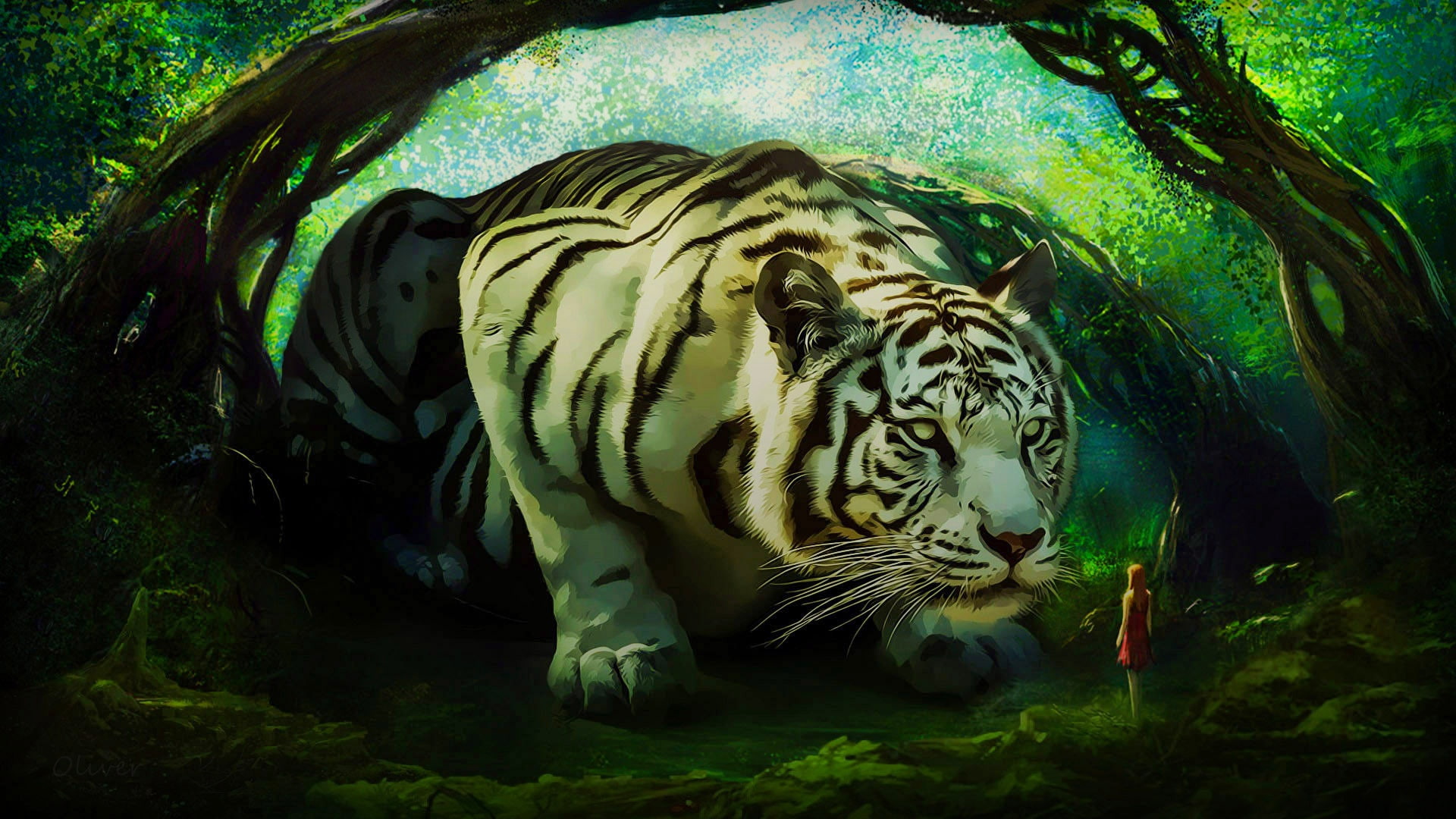 digital art, women, giant, illustration, fantasy art, 1080P, tiger, forest, HD Wallpaper