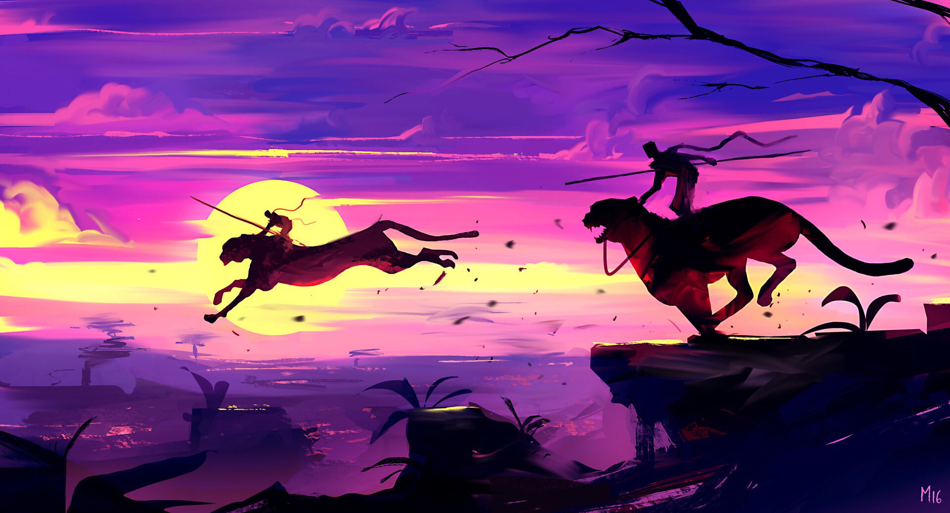 sunset, tiger, warrior, digital art, painting, landscape, fantasy art, 1080P, HD Wallpaper