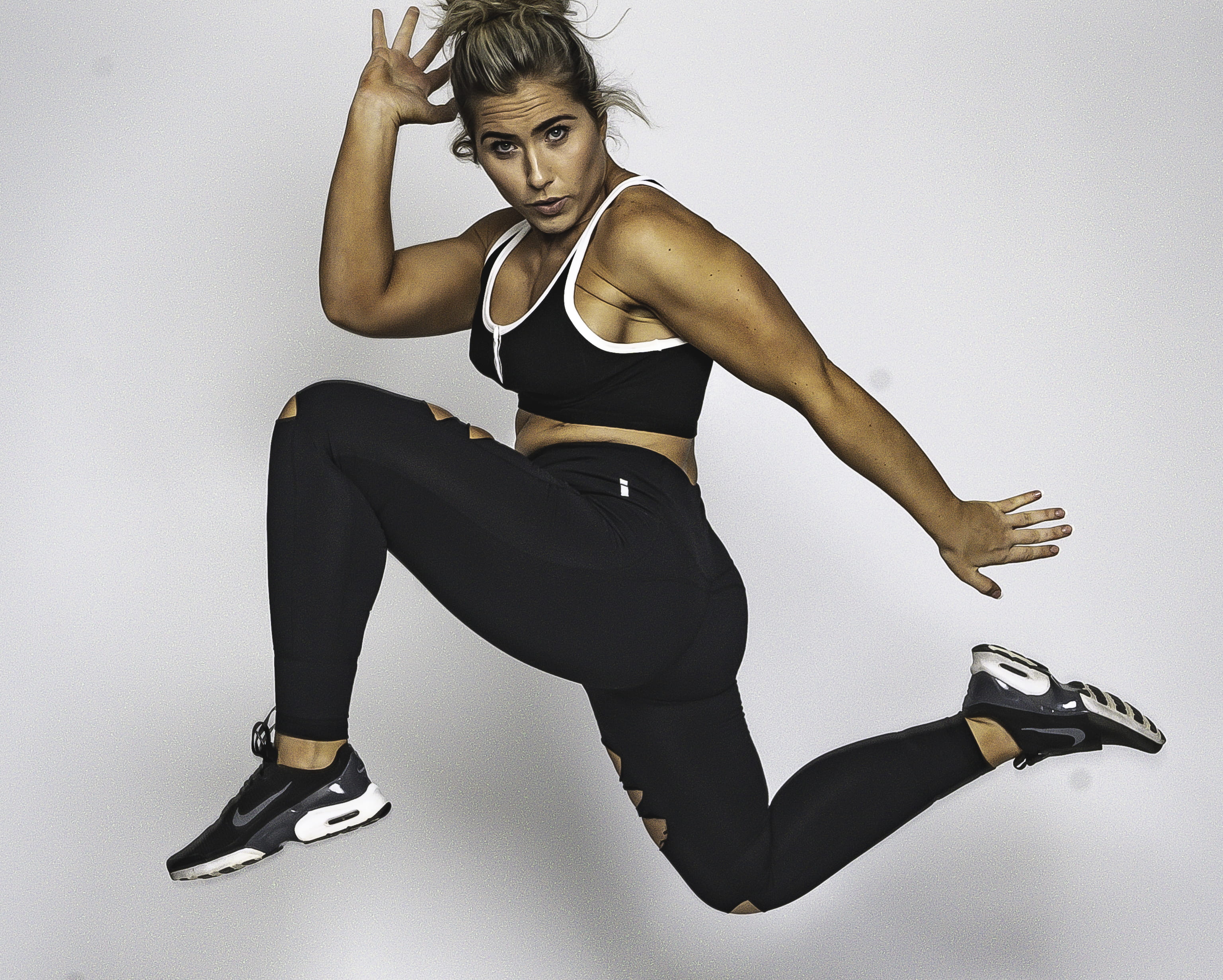action, woman, vitality, athlete, studio shot, white background, leap, 2K, adult, strength, cut out, jump, full length, sneakers, sport, workout gear, HD Wallpaper