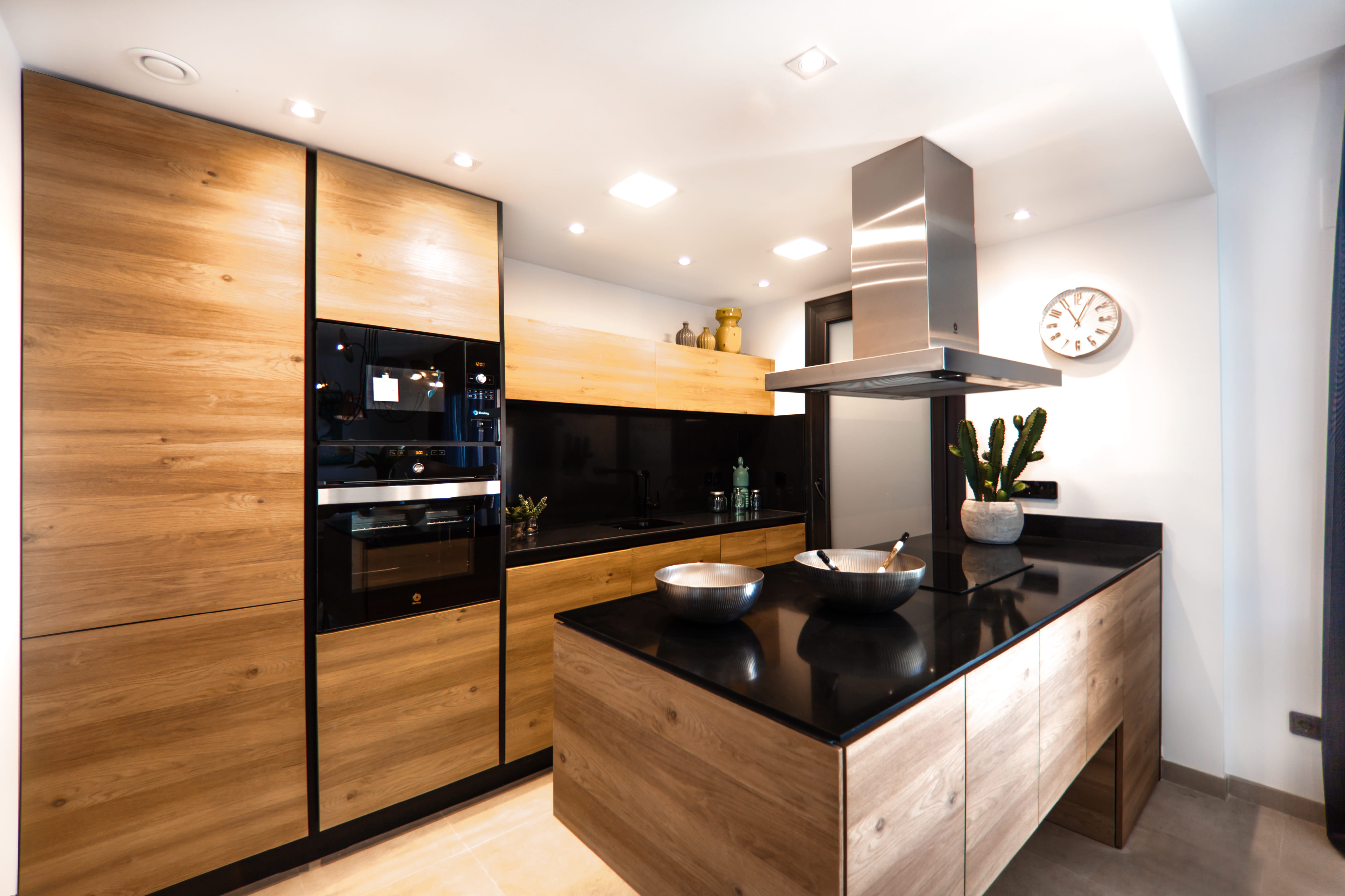 modern, lights, brown, cabinet, home, stove, microwave, appliance, 5K, house, turned, kitchen, wooden, steel, furniture, domestic room, empty, flooring, HD Wallpaper