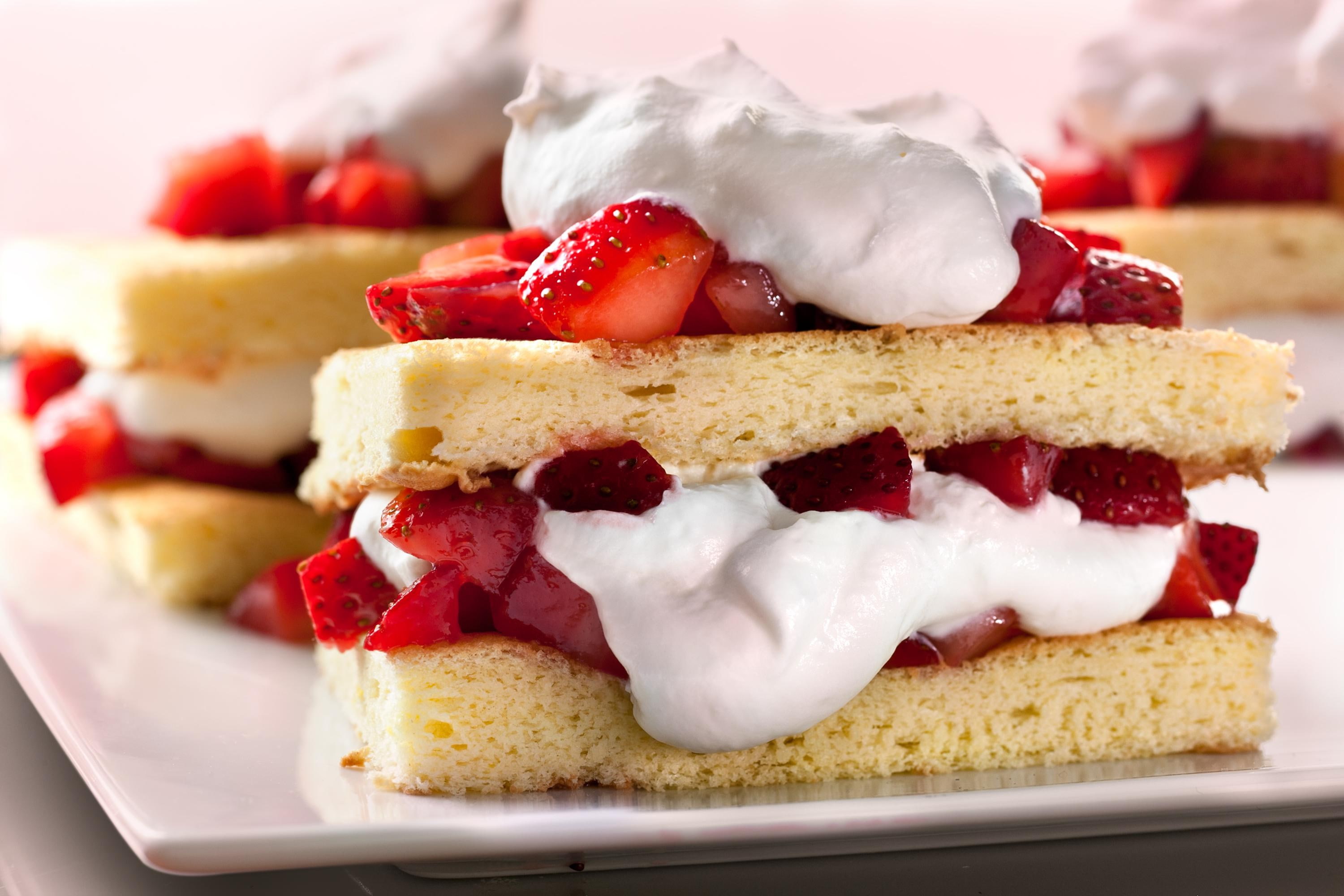 food and drink, freshness, plate, red, food, berry fruit, fruit, still life, 2K, strawberry cake pieces with cream, breakfast, wellbeing, strawberry, indoors, HD Wallpaper
