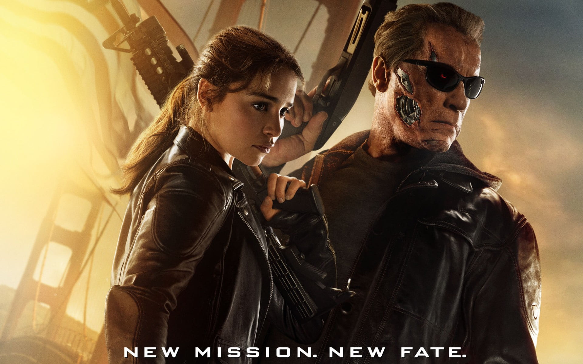 Movies, waist up, real people, young women, new, 1080P, jacket, terminator, 2015, adult, glasses, people, leather jacket, young men, two people, sunglasses, HD Wallpaper