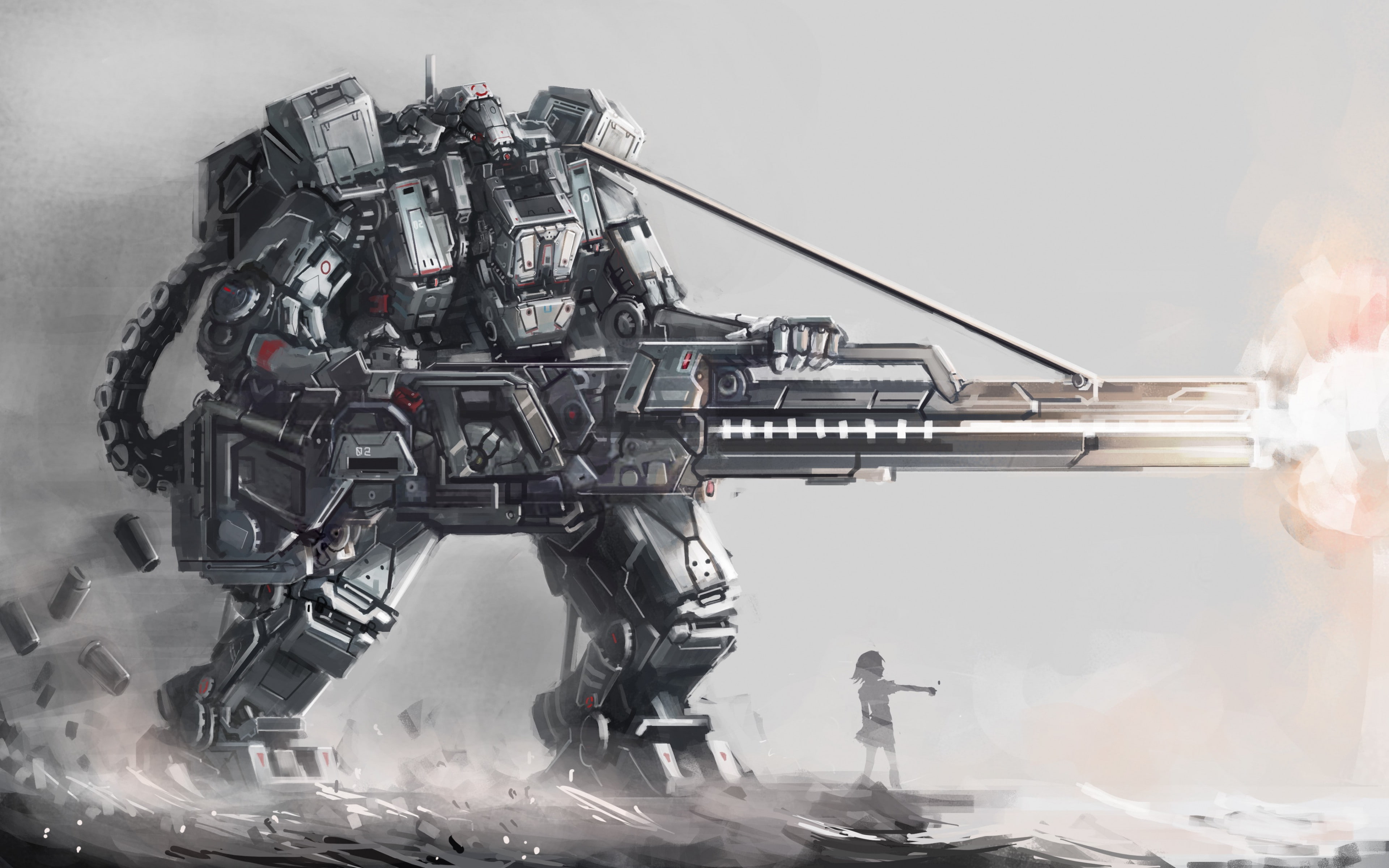 art, silhouette, guns, girl, 4K, osama backgrounds, Download 3840x2400 art, giant, robot, HD Wallpaper