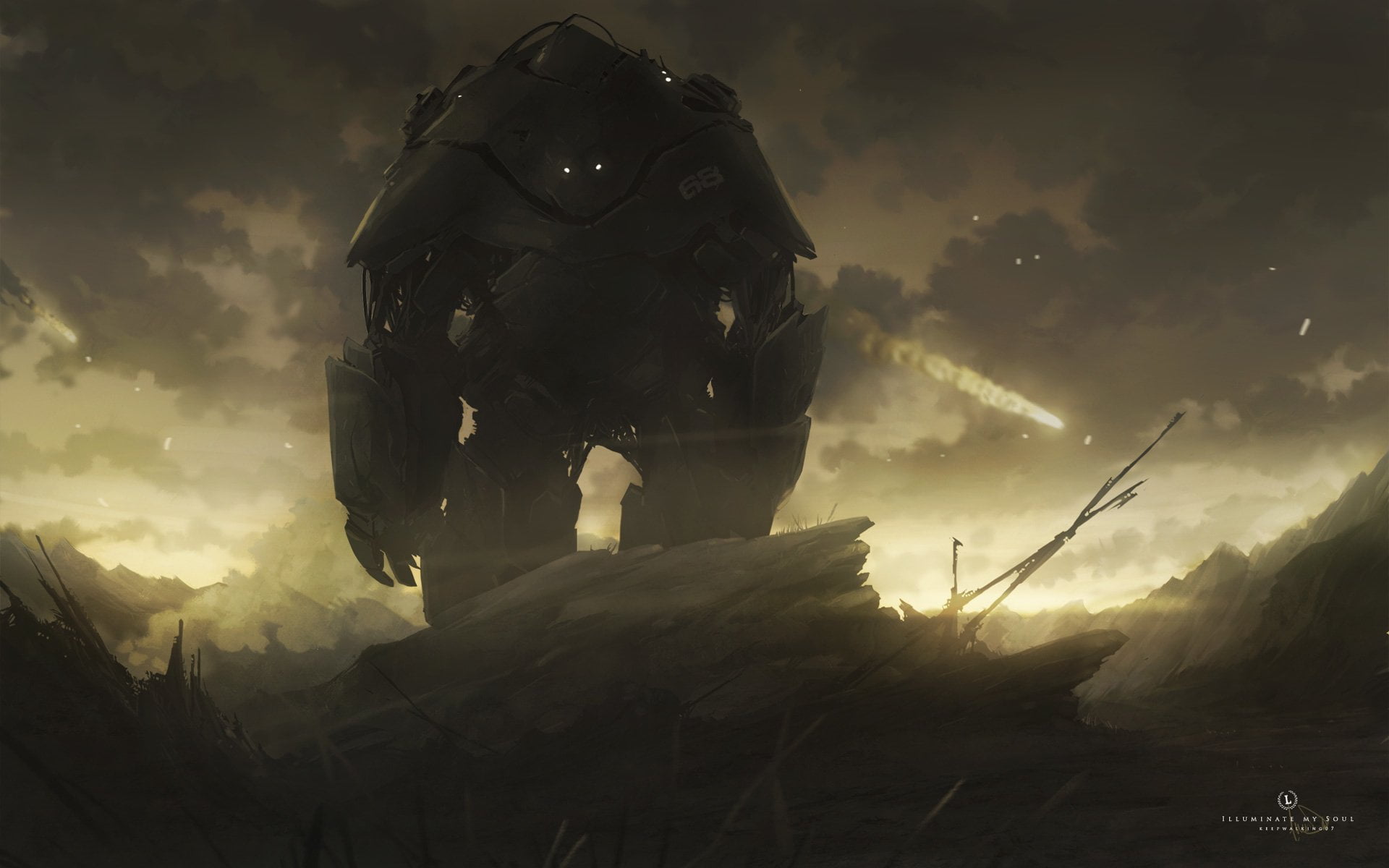 sunlight, oPS, mountain range, sky, illustration, Robot, smoke - Physical Structure, military, army Soldier, gun, black, danger, scenics - nature, army, HD Wallpaper
