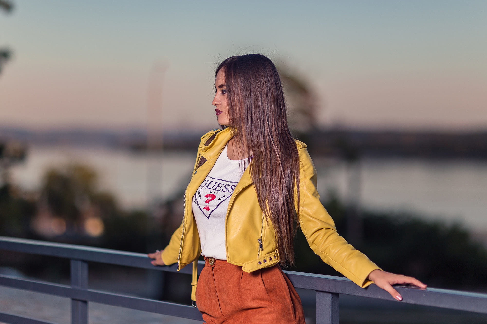 profile, casual clothing, looking away, 1080P, young adult, yellow jacket, outdoors, railing, adult, hair, real people, bridge - man made structure, women outdoors, HD Wallpaper