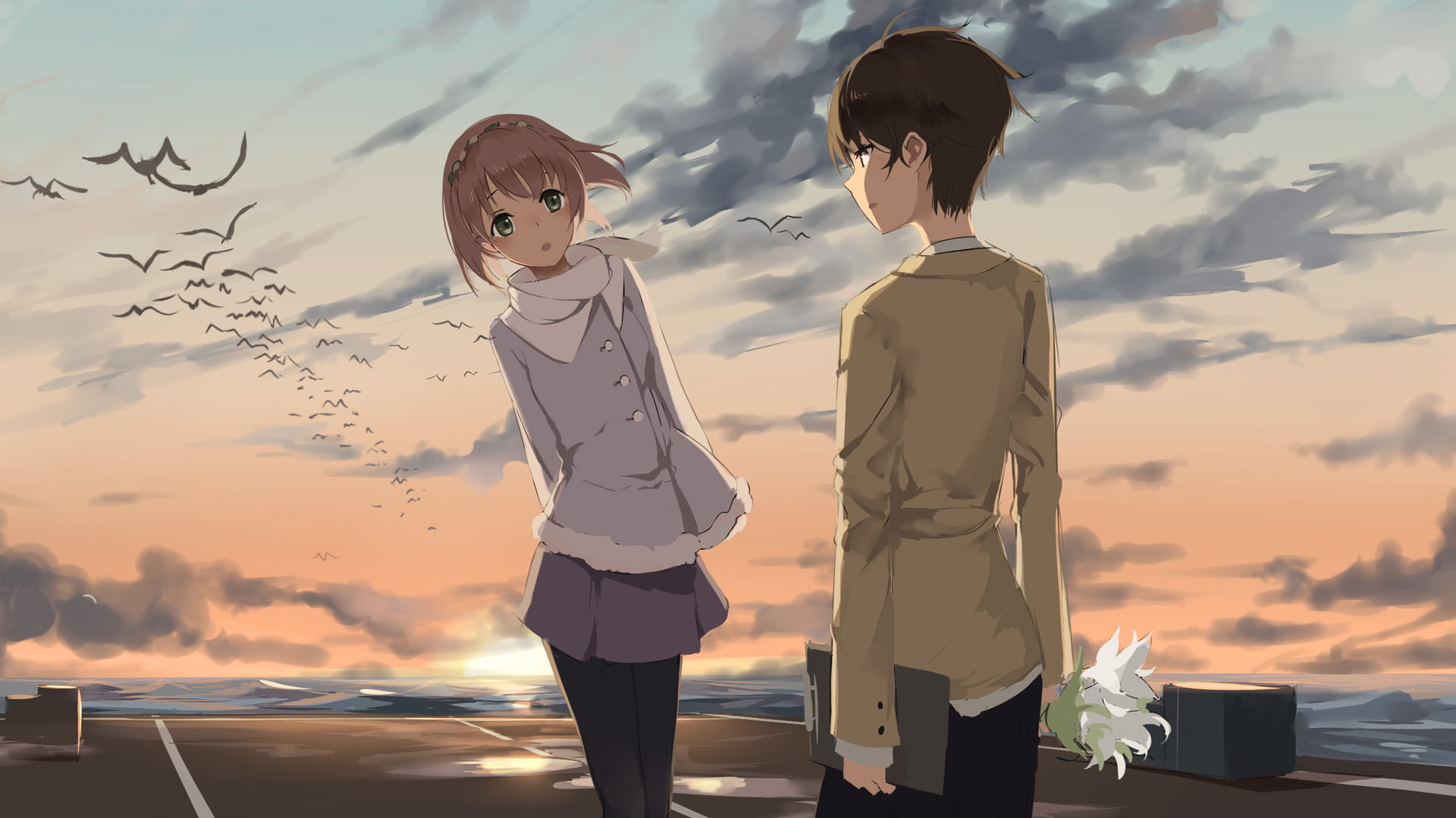 adult, young women, females, lifestyles, anime girls, cloud - sky, standing, women, real people, sky, representation, sunset, art and craft, anime boys, HD Wallpaper