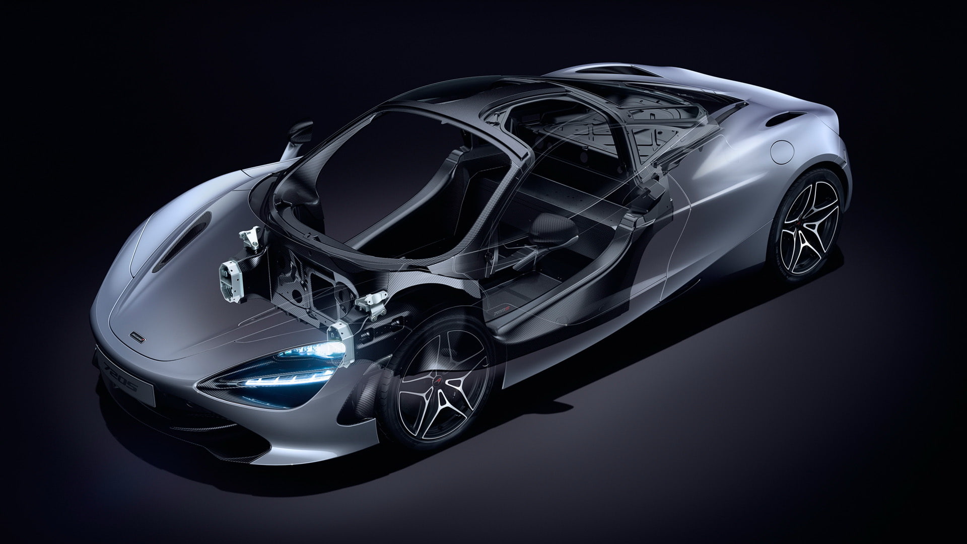 equipment, 1080P, McLaren, electricity, close-up, indoors, car, technology, McLaren 720S, chassis, high angle view, reflection, illuminated, black background, HD Wallpaper