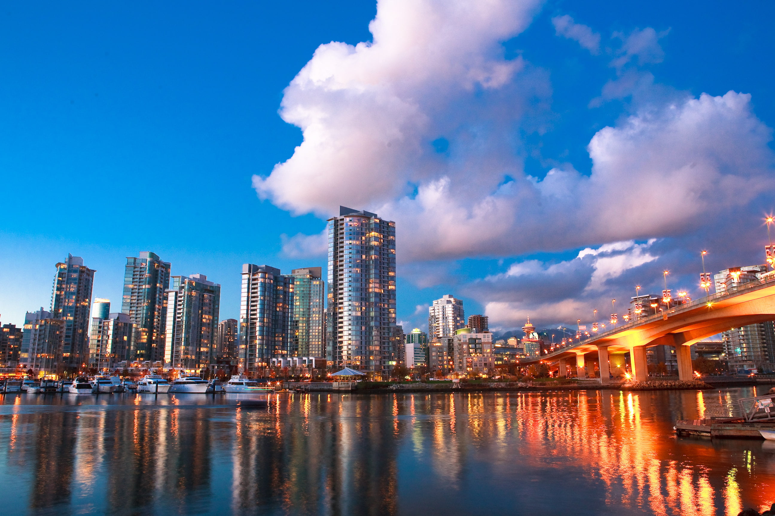 cityscape, blue, sea, 2K, night, photograhpy, city, clouds  creek, Bridge, building Exterior, sky, long exposure, urban Scene, false creek, downtown District, HD Wallpaper