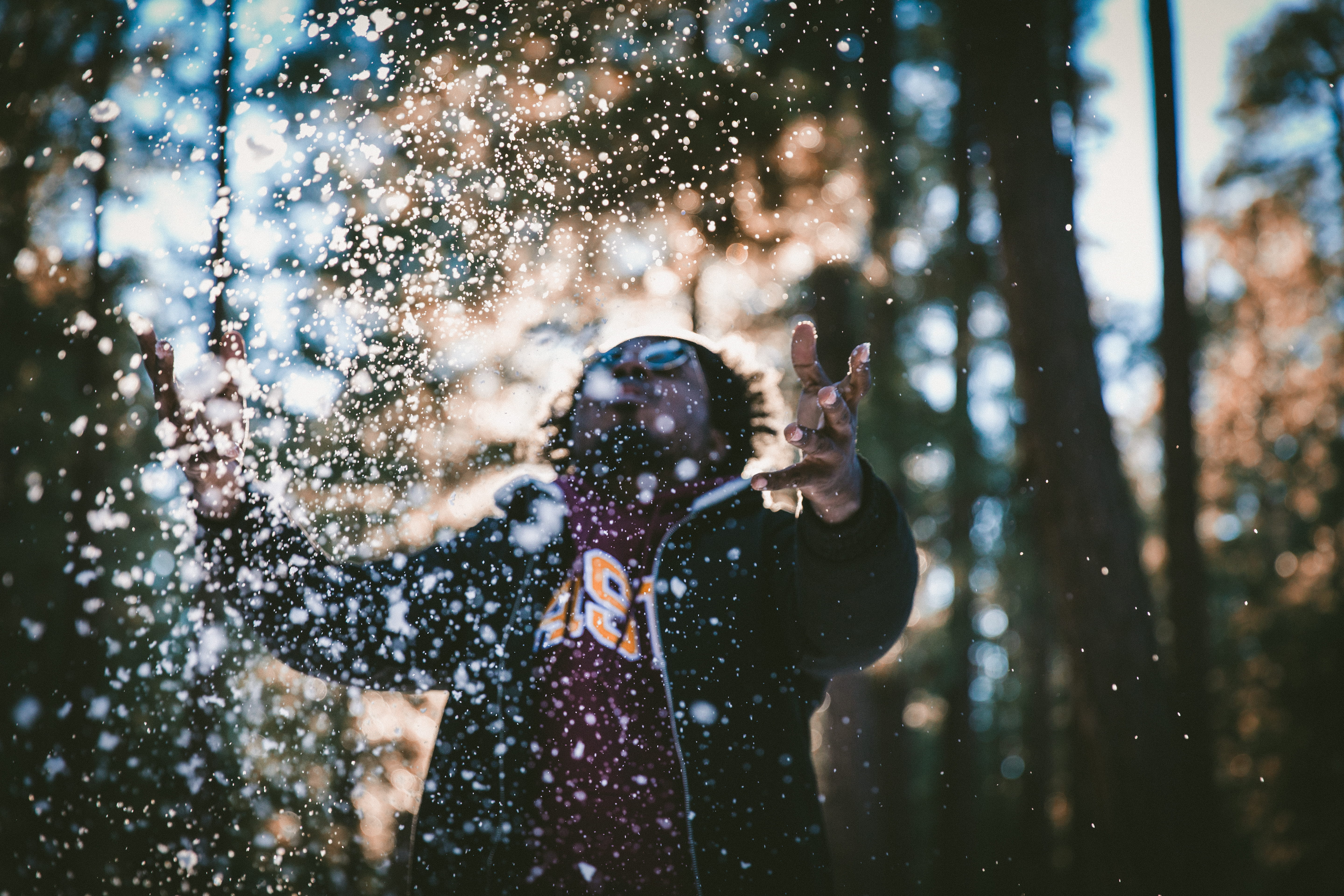 front view, snow, drops, male, enjoyment, one person, playing, focus on foreground, offspring, jacket, frozen, water, macro, child, nature, snowing, waist up, HD Wallpaper