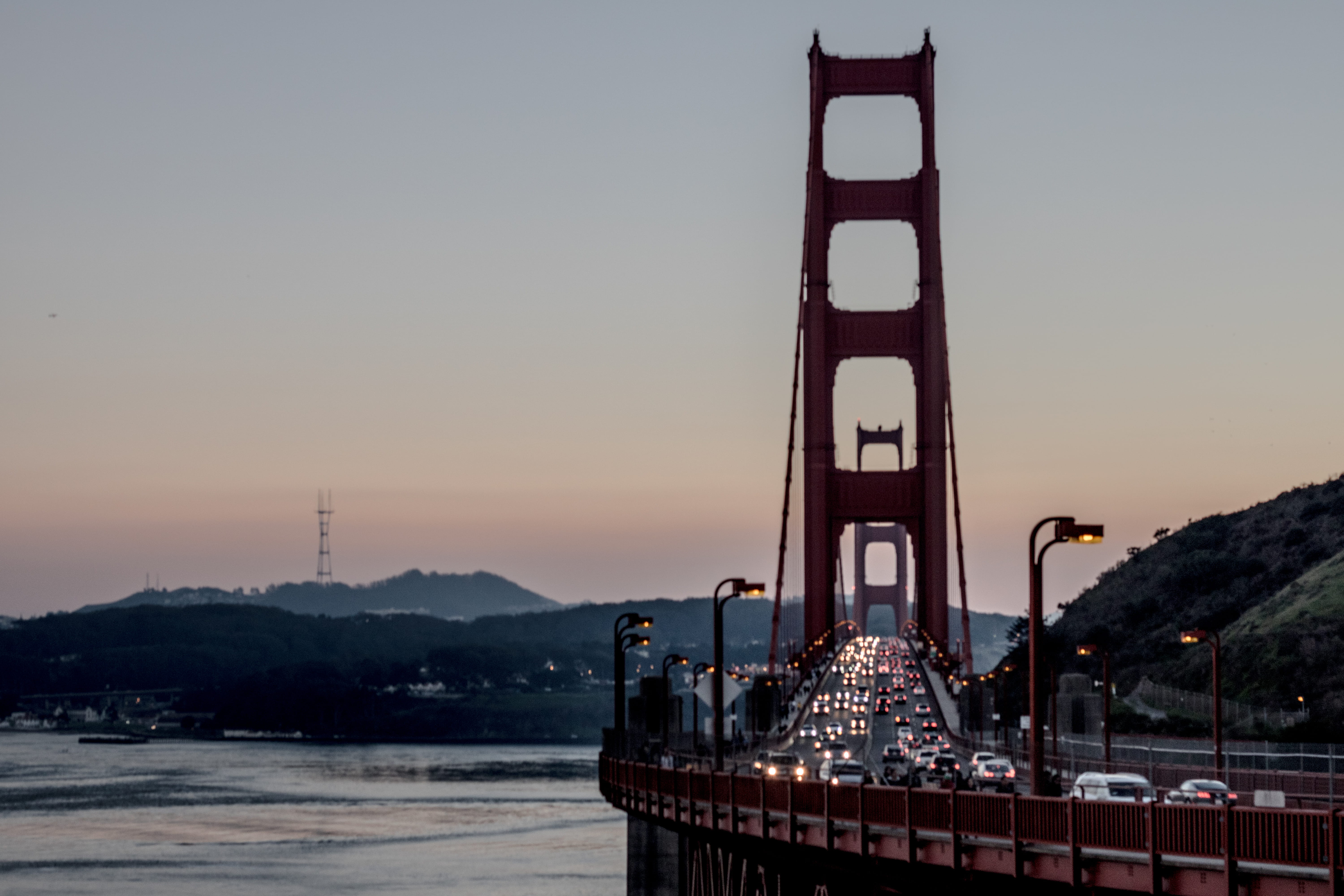 sunset, travel Destinations, mountain, no people, suspension Bridge, san Francisco - California, 5K, vehicle, urban Scene, famous Place, architecture And Buildings, HD Wallpaper