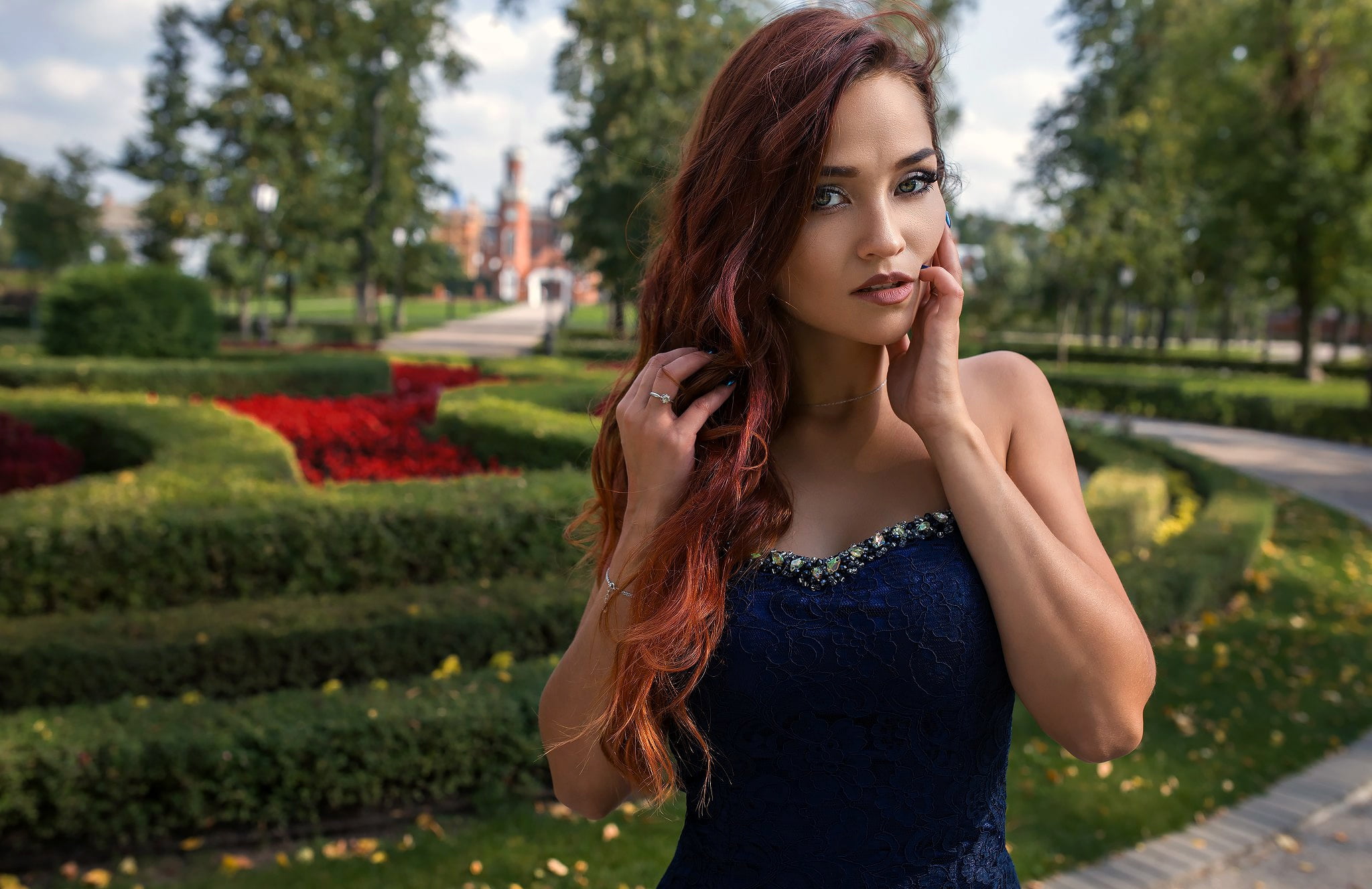 girl, garden, 1080P, hand in hair, lips, looking at camera, close up, blue dress, looking at viewer, face, photo, park, Dmitry Sn, photographer, redhead, HD Wallpaper