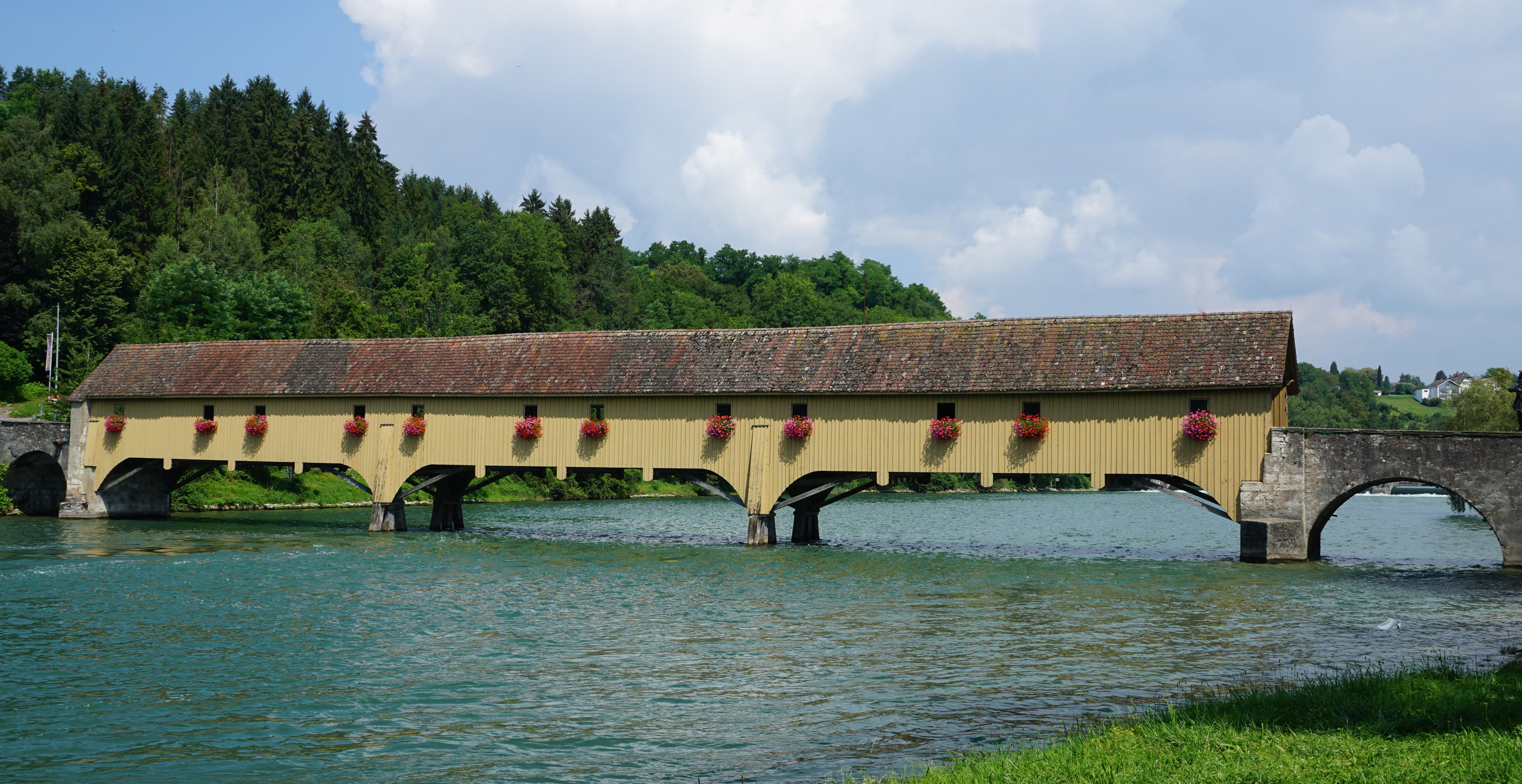 bridge - Man Made Structure, transportation, day, river, cloud - sky, bridge, connection, sky, wooden bridge, plant, 5K, travel destinations, waterfront, HD Wallpaper