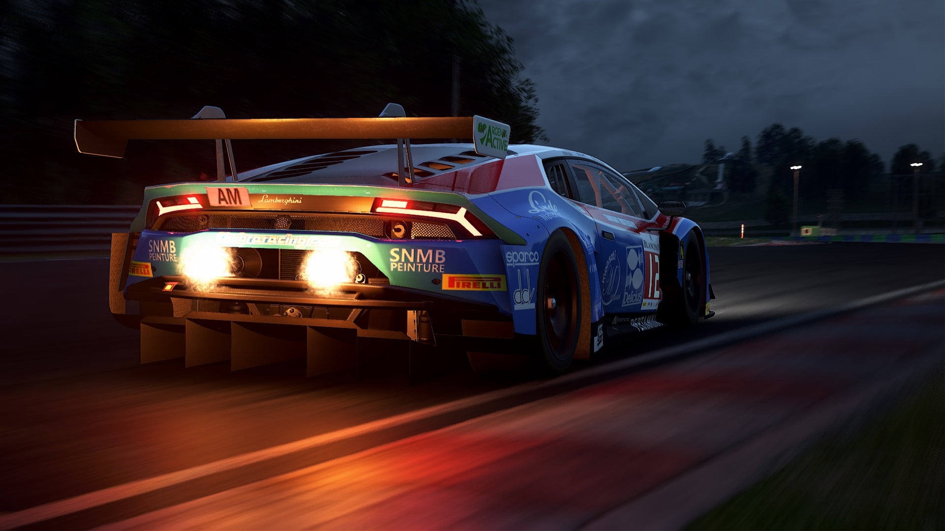 1080P, racing simulators, night, Lamborghini, exaust flare, Lamborghini Huracan, race cars, HD Wallpaper
