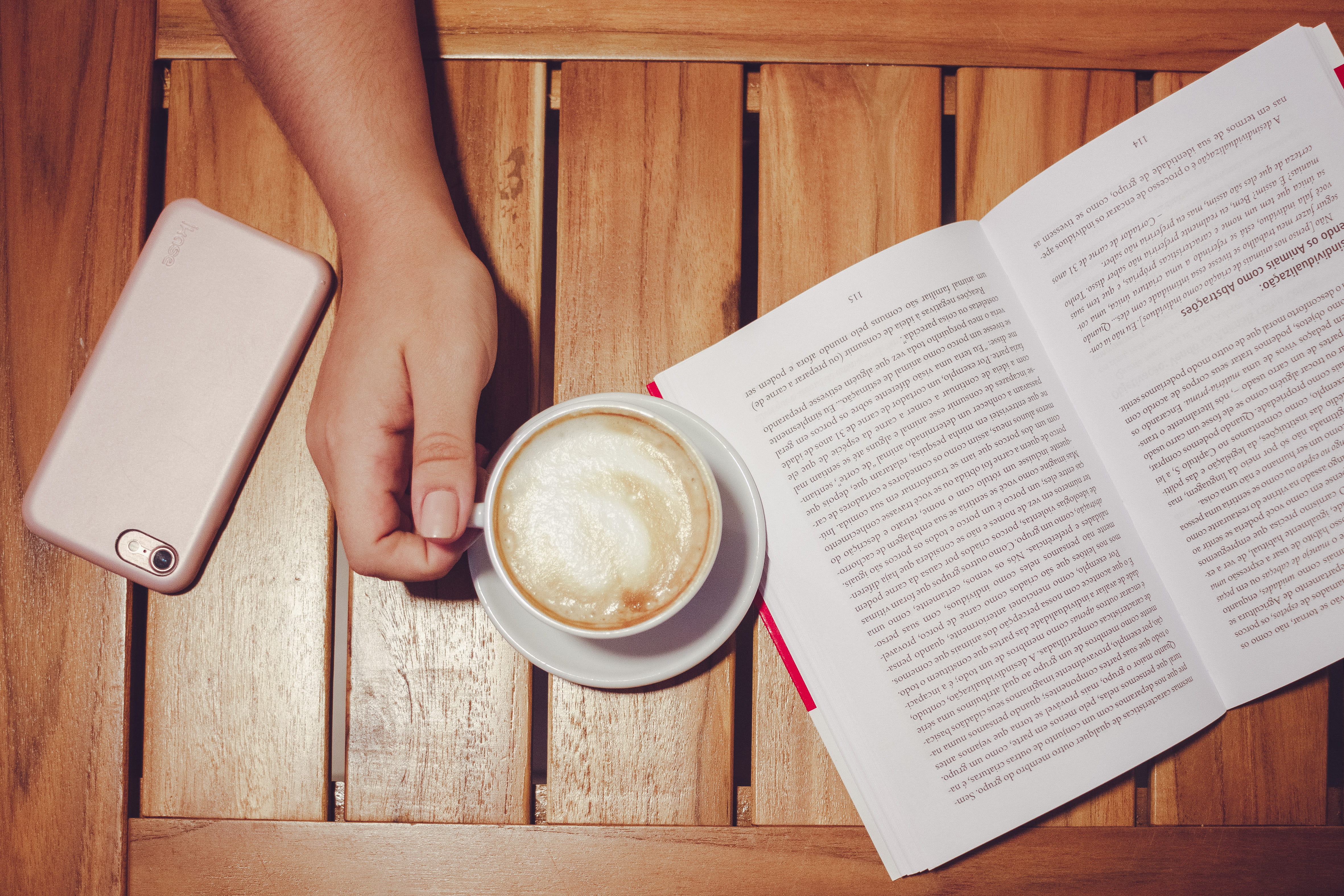 human hand, leisure activity, board, publication, book, food and drink, s, black, cup, coffee table, indoors, wood - material, 4K, hand, reading, human body part, HD Wallpaper