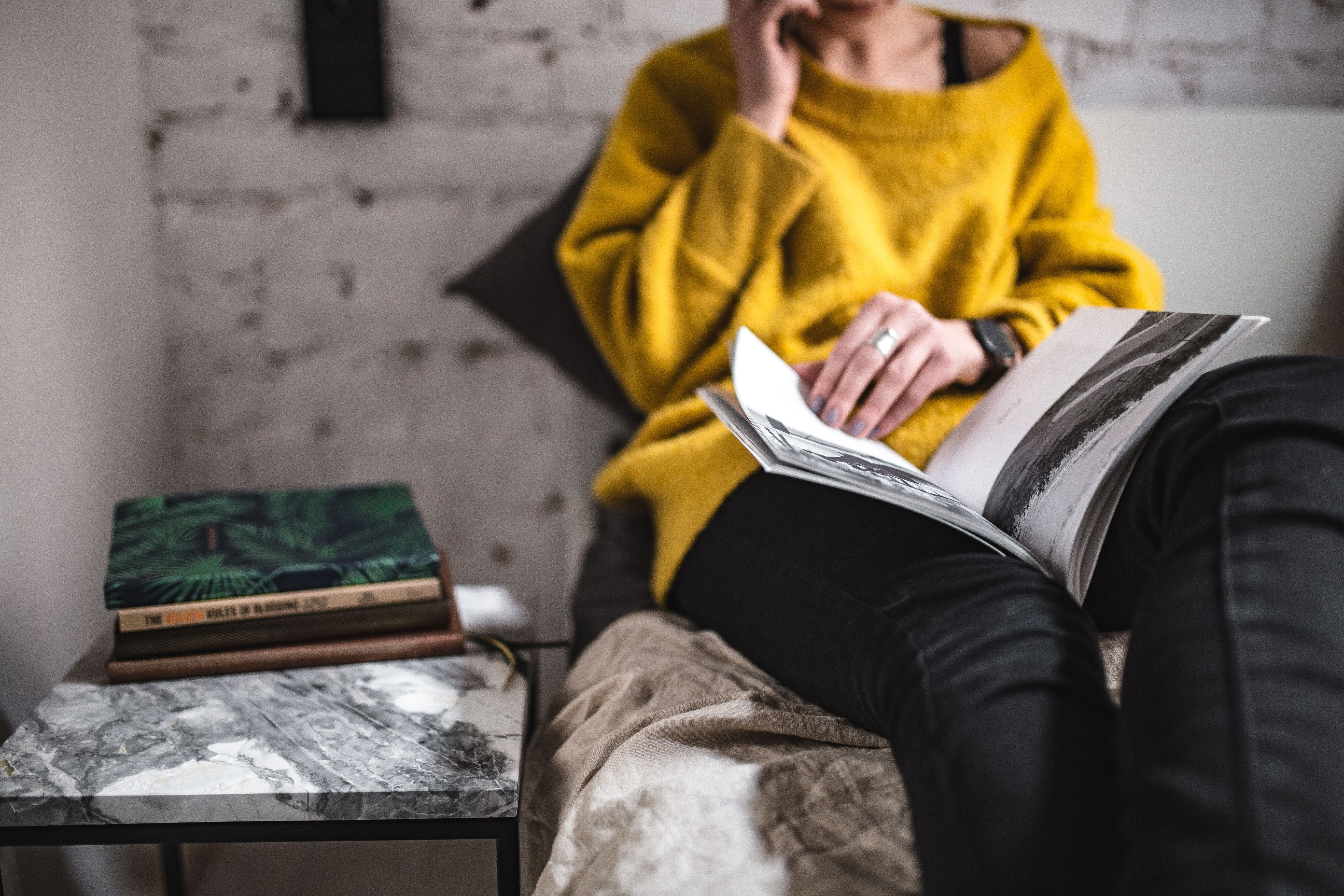 publication, in bed, bedroom, yellow sweater, home Interior, lifestyles, lifestyle, casual clothing, magazine, sofa, clothing, people, 5K, read, women, HD Wallpaper