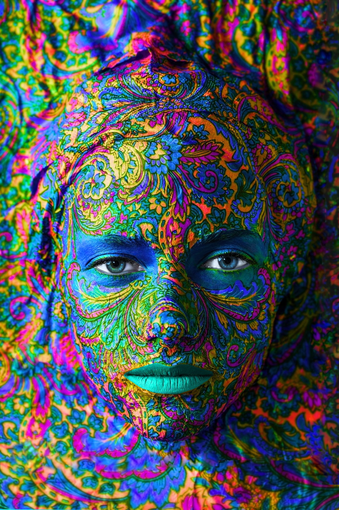looking at viewer, model, ornamented, colorful, women, depth of field, face, portrait, blue eyes, 720P, portrait display, body paint, Phone HD Wallpaper