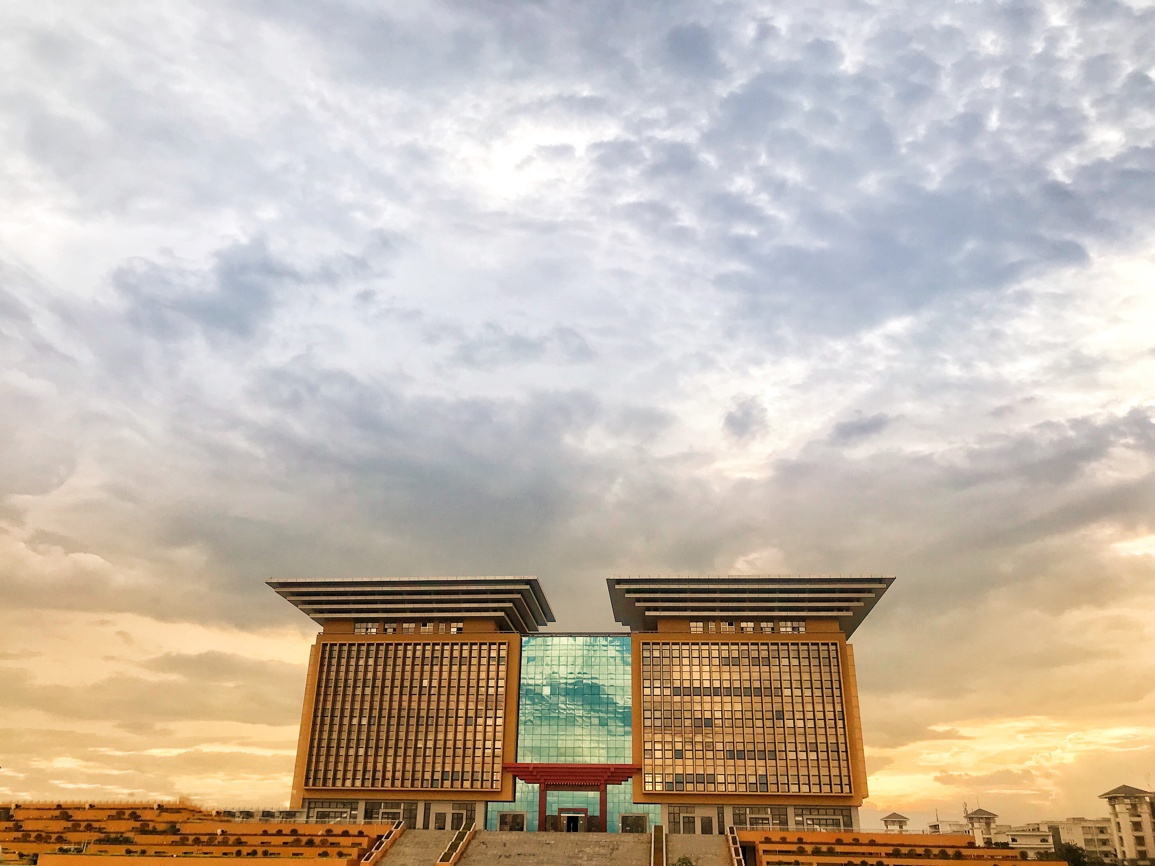 day, architecture, low angle view, tranquility, orange color, guangxi normal university, outdoors, sky, sunlight, library, no people, building exterior, HD Wallpaper