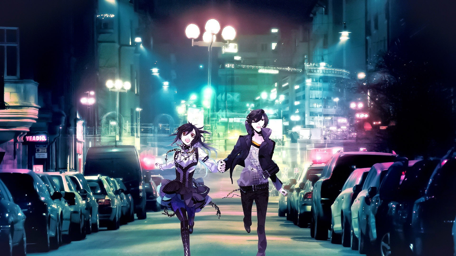 1080P, street, anime, run, couple, night, cars, HD Wallpaper