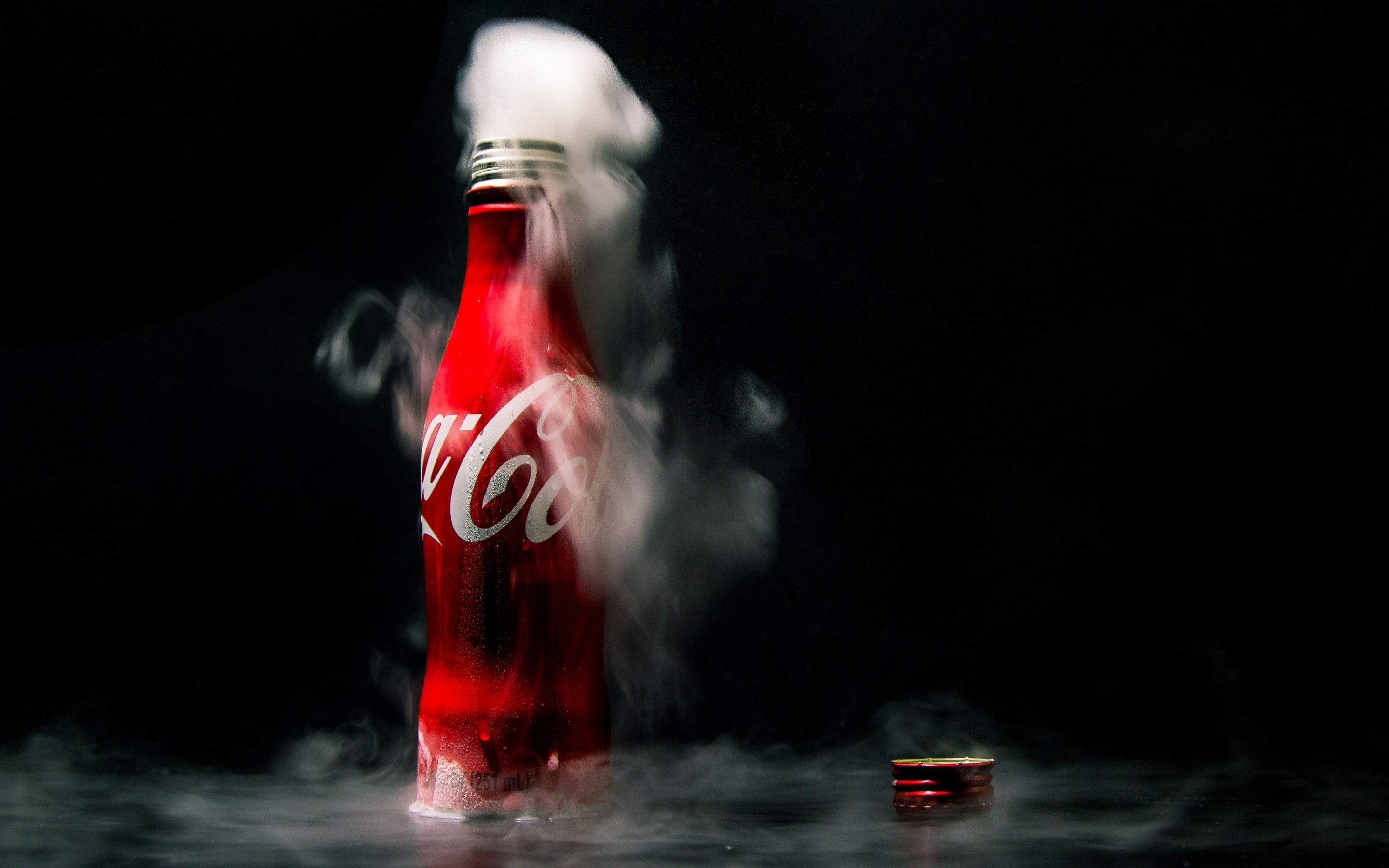 container, water, motion, indoors, science, red, coca cola, 2K, smoke - physical structure, pollution, human body part, scientific experiment, black background, HD Wallpaper