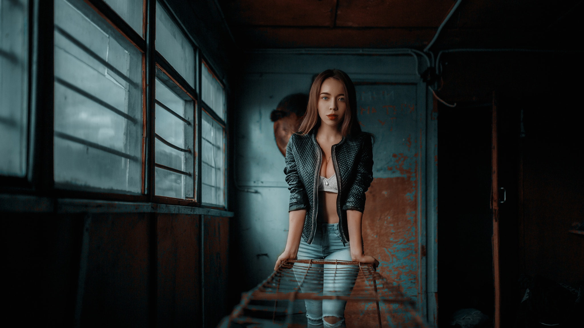 face, red lipstick, looking at camera, leather jackets, straight hair, Andrey Metelkov, lips, 1080P, torn jeans, brown hair, cleavage, photographer, torn pants, HD Wallpaper