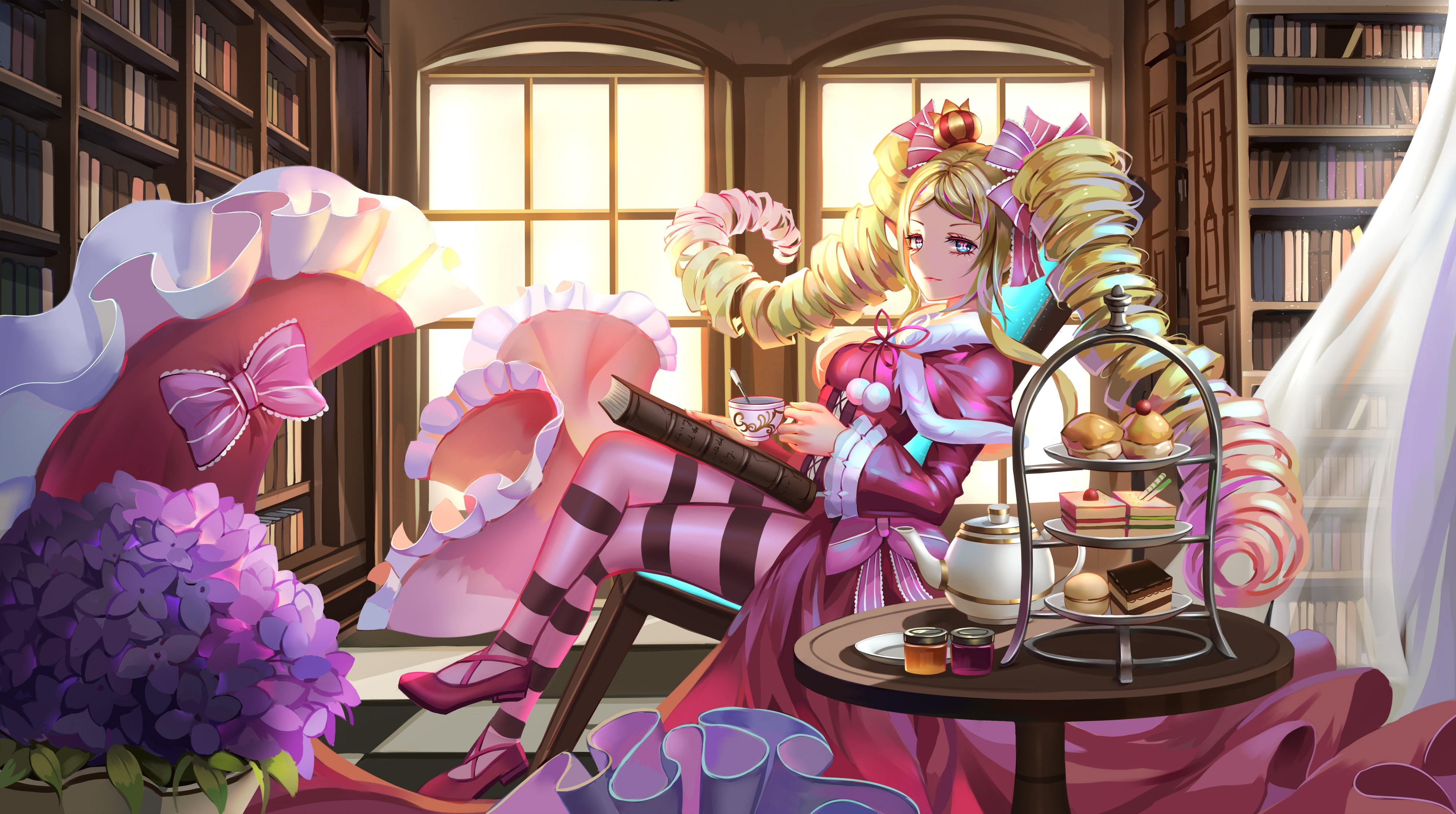 day, 4K, decoration, beauty in nature, statue, blue eyes, table, built structure, anime girls, pink color, human representation, anime, Beatrice (Re: Zero), HD Wallpaper