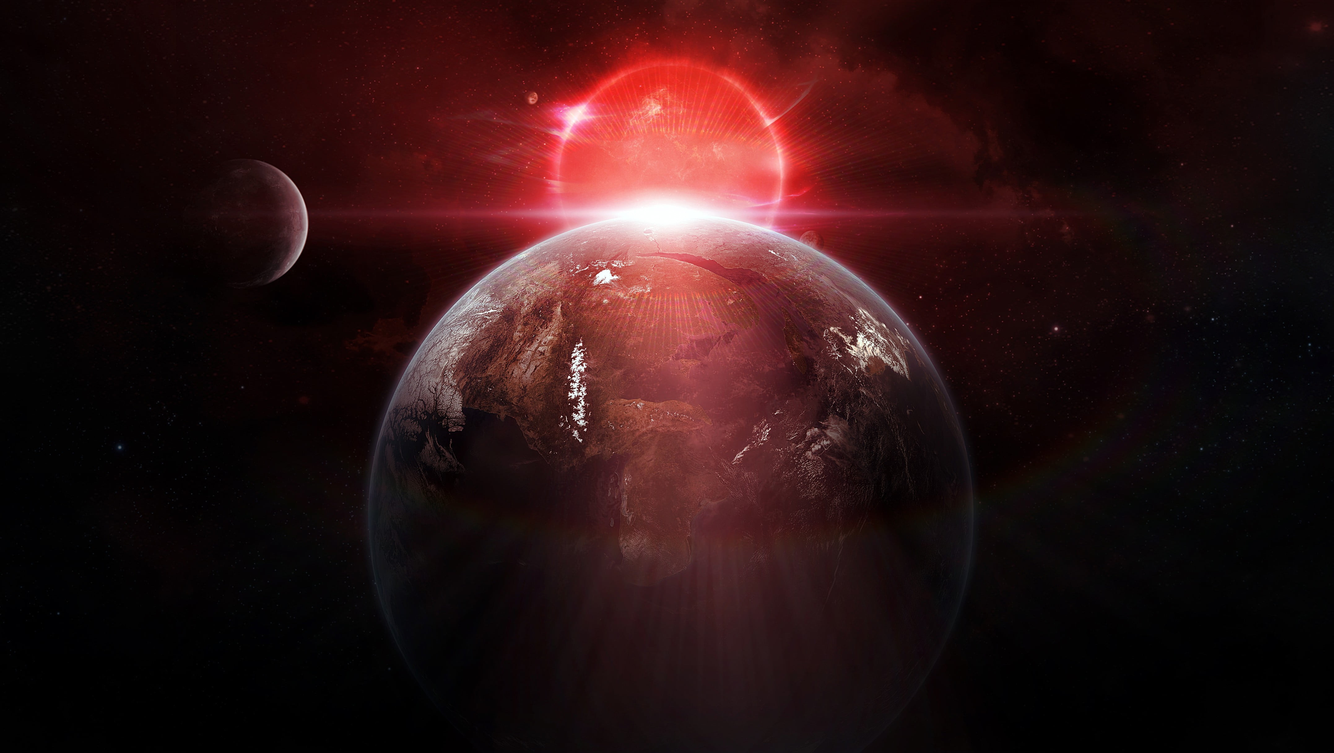 space, outdoors, light - natural phenomenon, sky, round, 4K, ceramic, red, digital art, planet earth, moon, no people, brown, sphere, white, glowing, star - space, HD Wallpaper