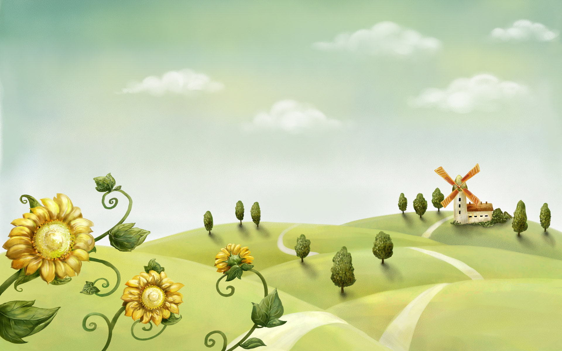 mill, windmill, digital art, 1080P, house, hills, art, weather, yellow, flowers, sunflowers, trees, digital, HD Wallpaper