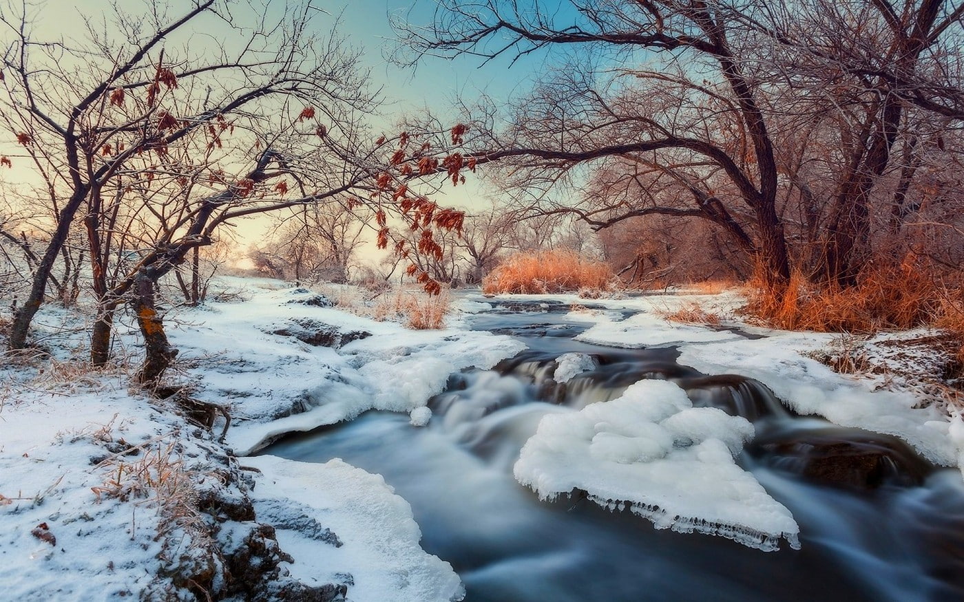 branch, landscape, water, motion blur, stream, ice, shrubs, winter, brown, nature, trees, white, snow, 720P, sunset, river, HD Wallpaper