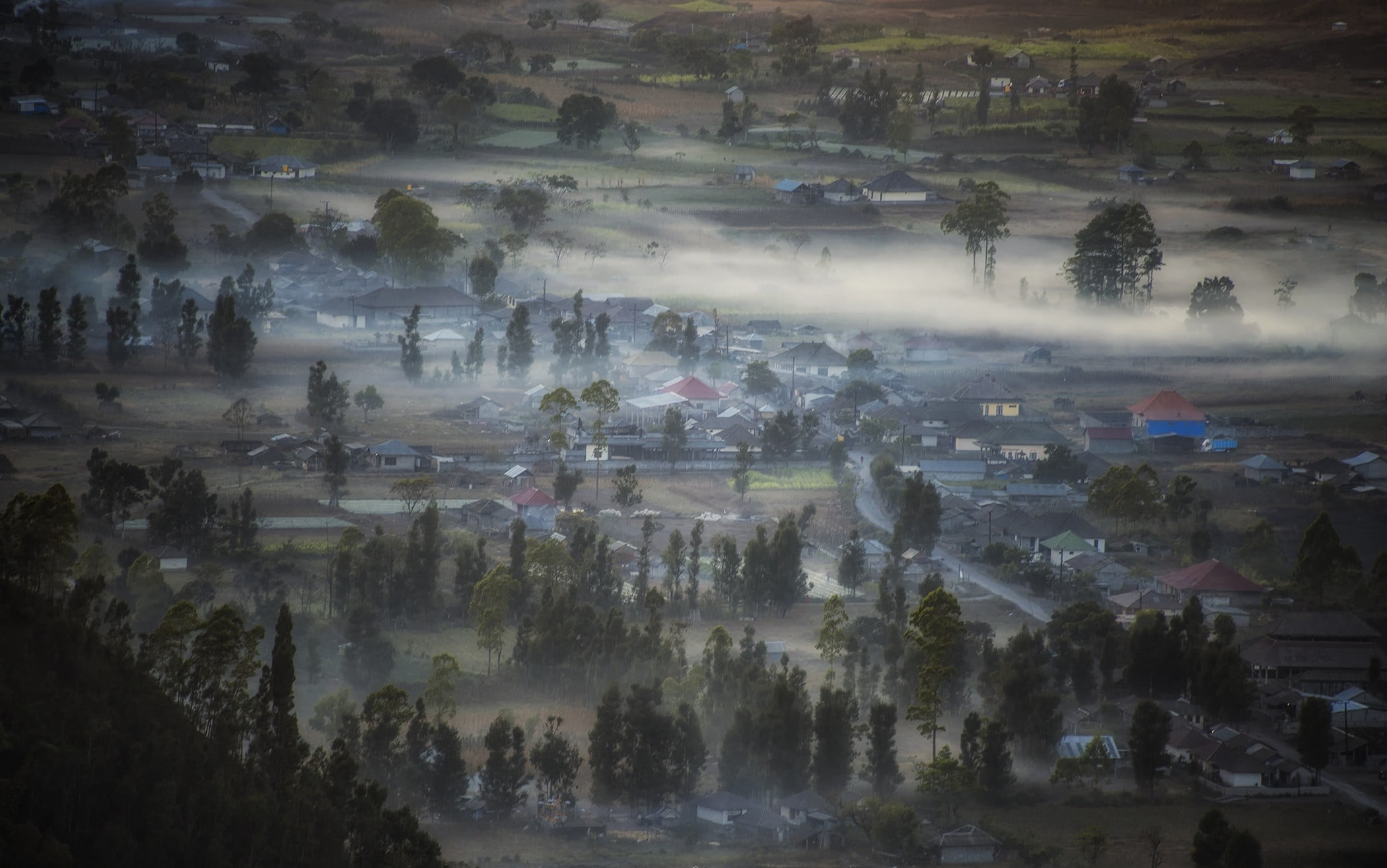 valley, leafed, day, high angle view, town, city, 1080P, built structure, environment, pine, architecture, landscape, village, water, hazy, morning, tree, HD Wallpaper