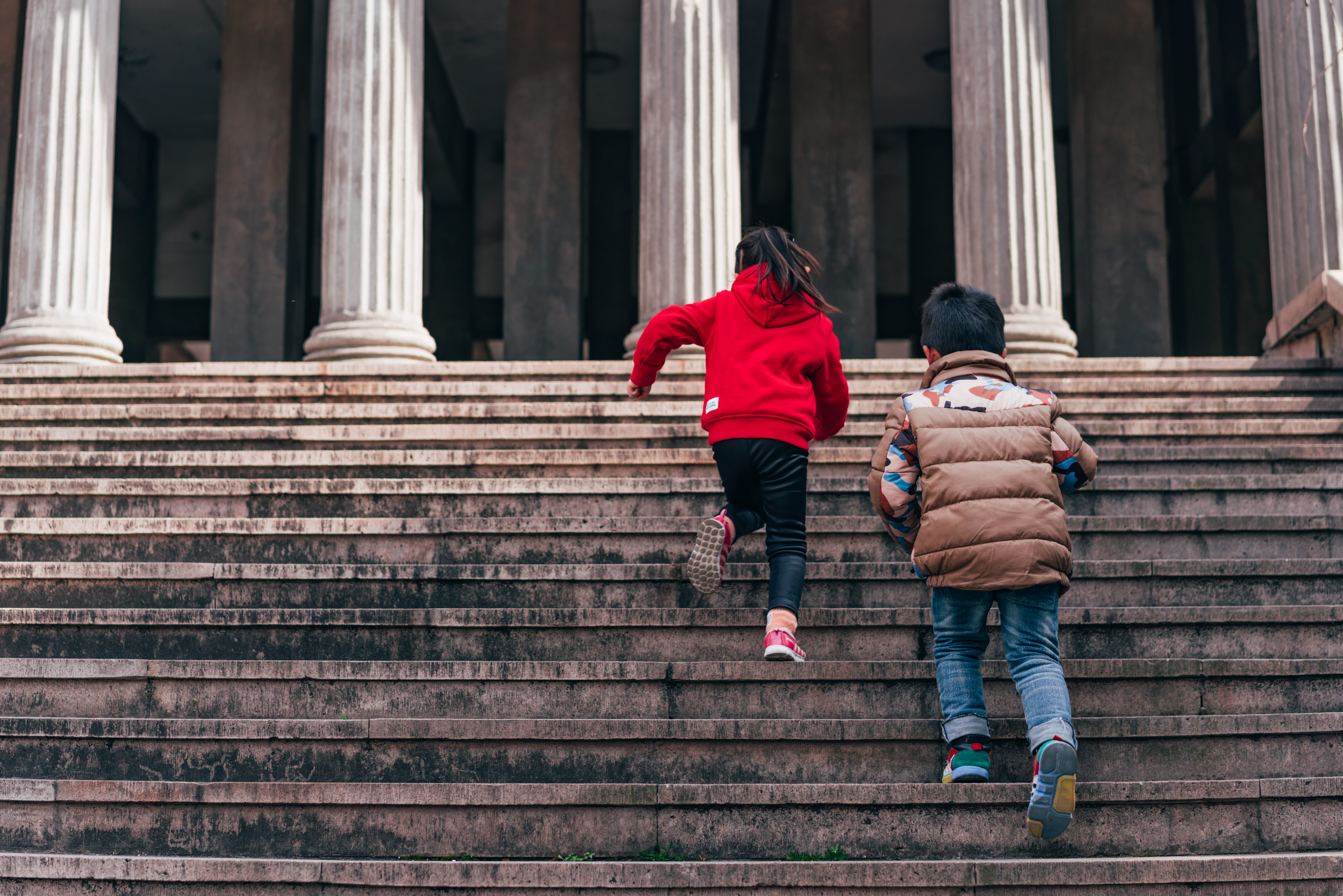 warm clothing, real people, males, building, banister, shrine, two people, boy, outdoors, bonding, denim, lifestyles, built structure, clothing, steps and staircases, HD Wallpaper