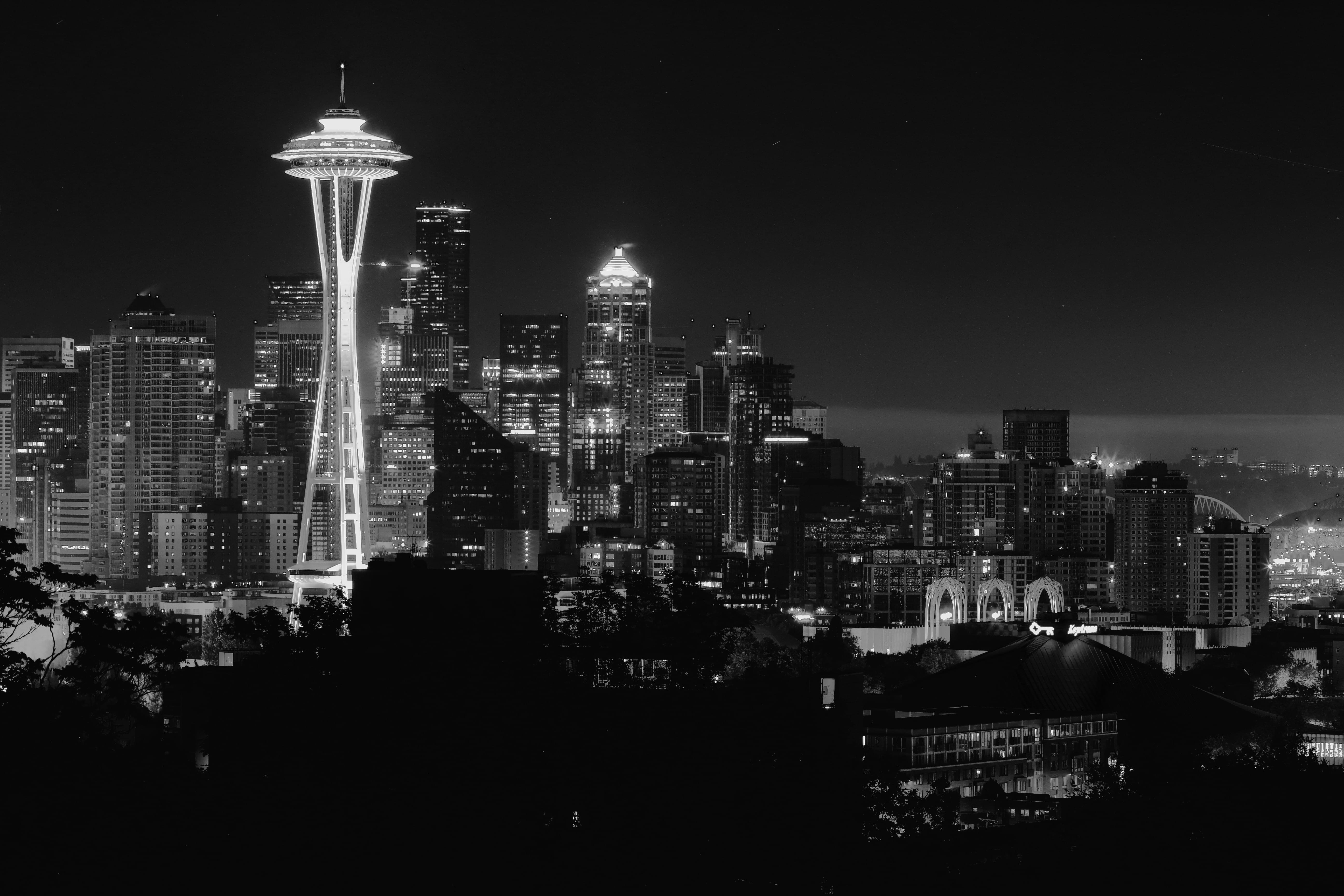 washington, spaceneedle, spire, sunrise, 5K, nature, travel destinations, outdoors, cityscape, skyscraper, tower, nightlife, built structure, landscape, HD Wallpaper