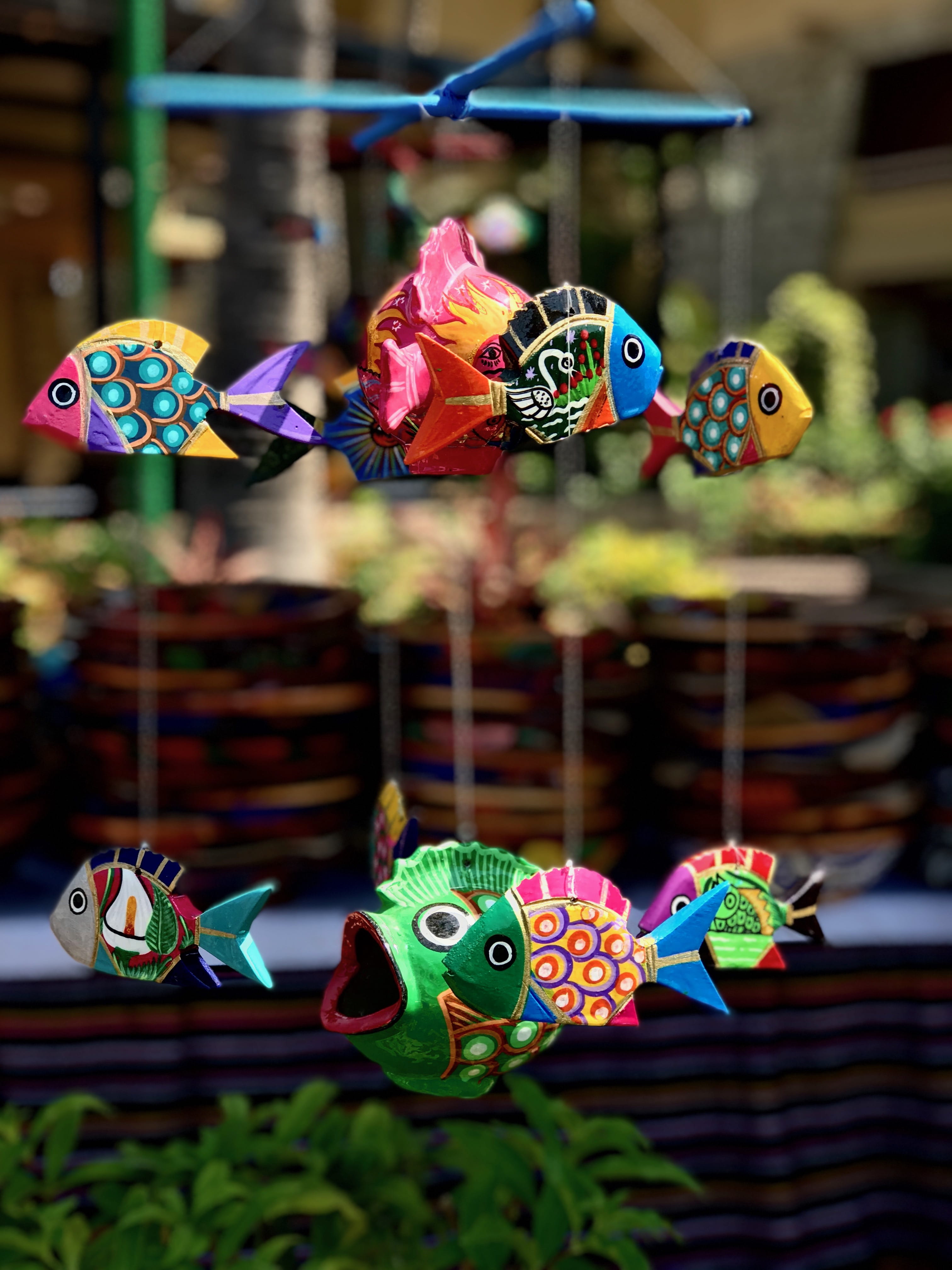 day, representation, selective, wood crafting, toy, craft, multi colored, street details, animal themes, decoration, fish, hanging, 4K, color fish, art and craft, Phone HD Wallpaper