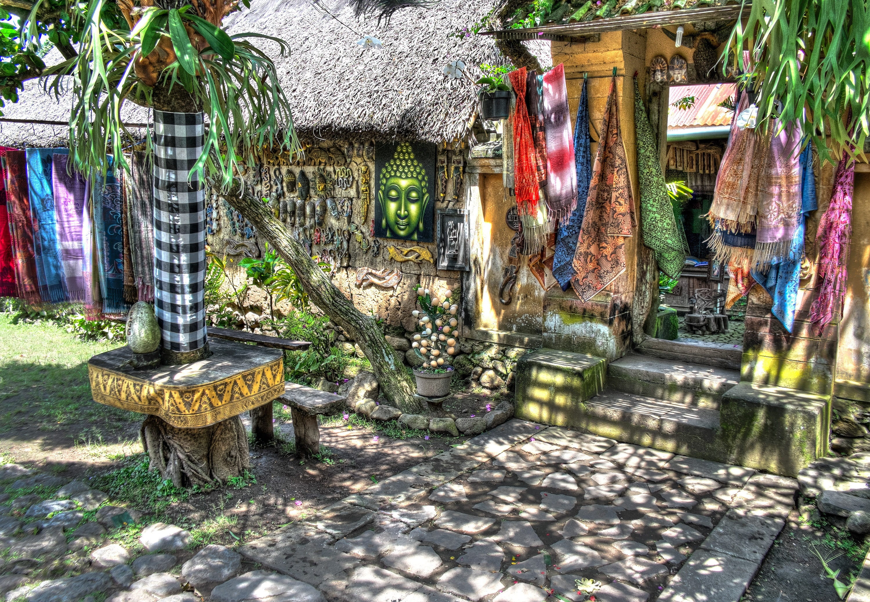 plant, Asia, architecture, building, Sarong, culture, chair, hand, day, decoration, colour, nature, silk, bright, shop, table, footpath, 2K, no people, HD Wallpaper