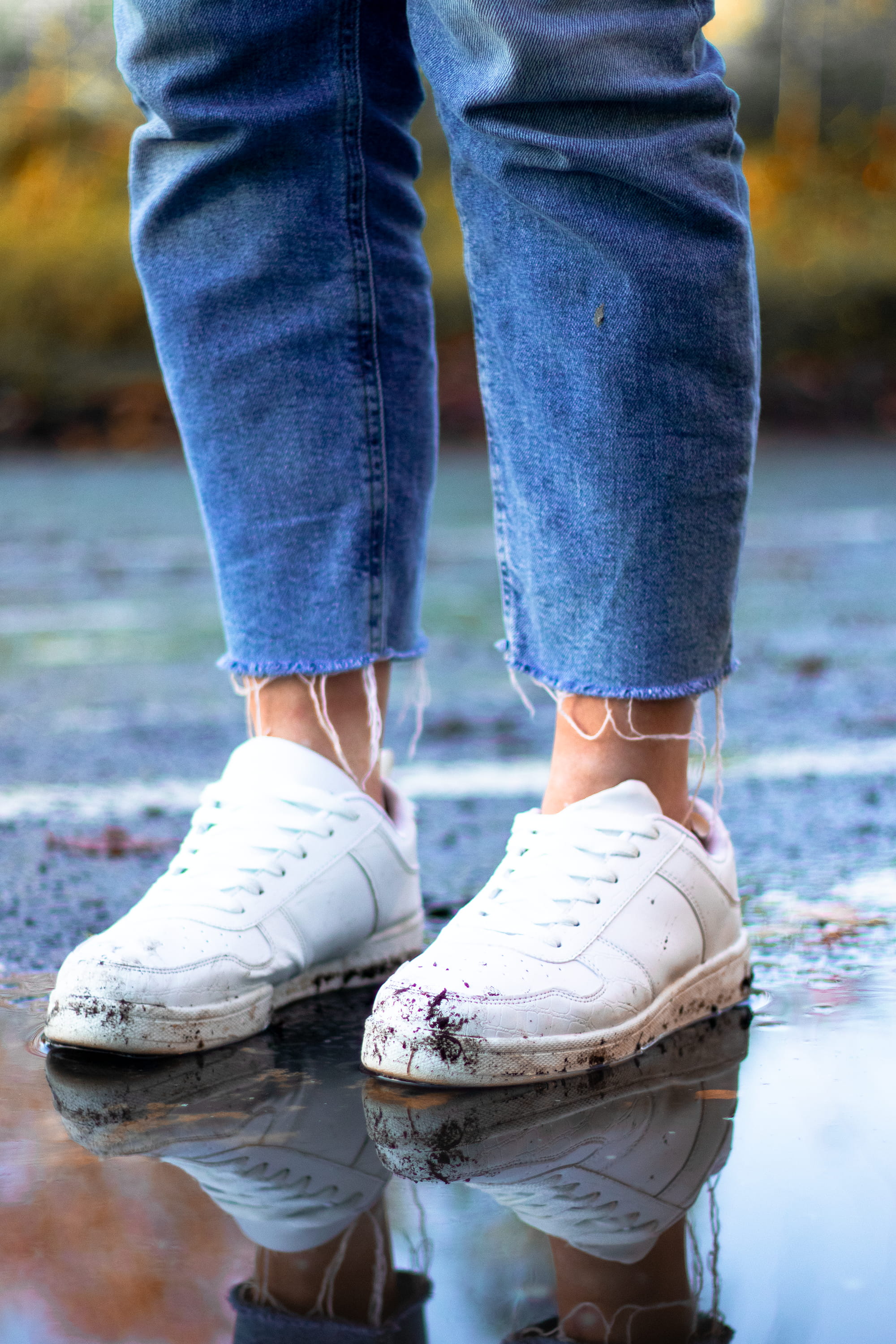 footwear, human body part, sneakers, leisure activity, casual clothing, puddle, 2K, apparel, human foot, human leg, denim, one person, kildare, model, Phone HD Wallpaper